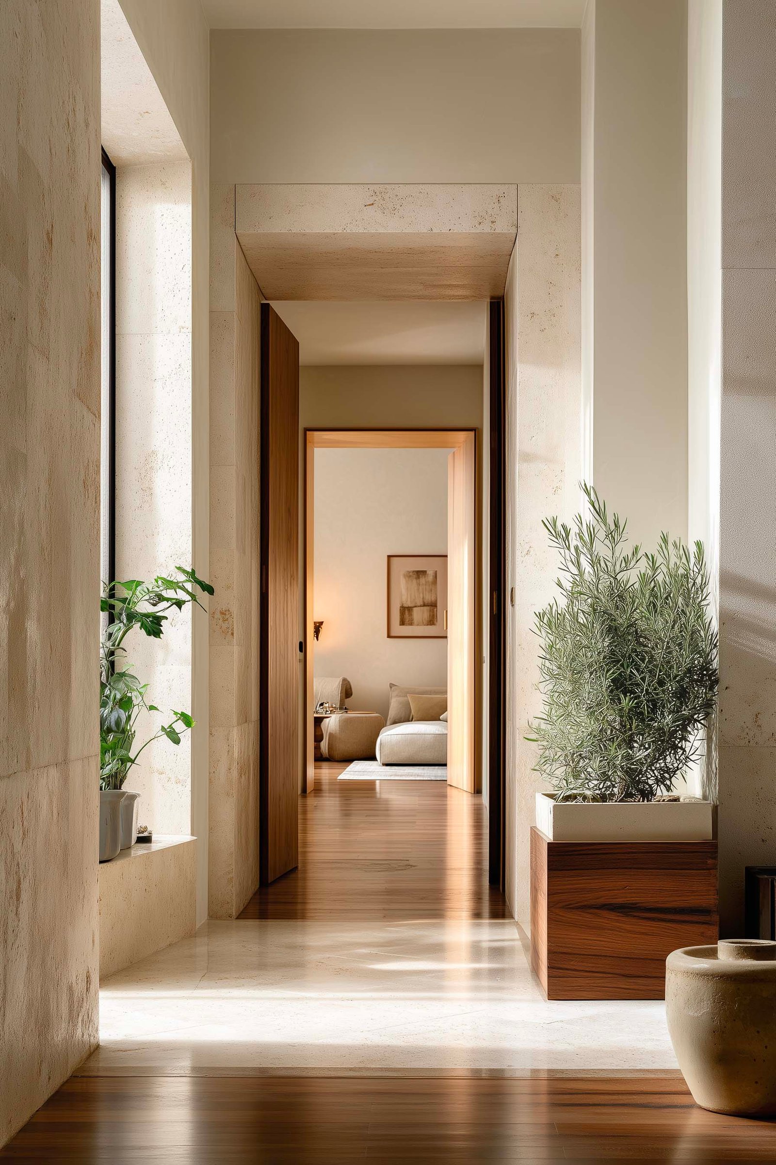 Alcova in appartamento milanese con luce mattutina, fioriera Lignum in noce affumicato con Rosmarinus officinalis alla soglia, muri in intonaco bianco — Paracelsus Gardens™