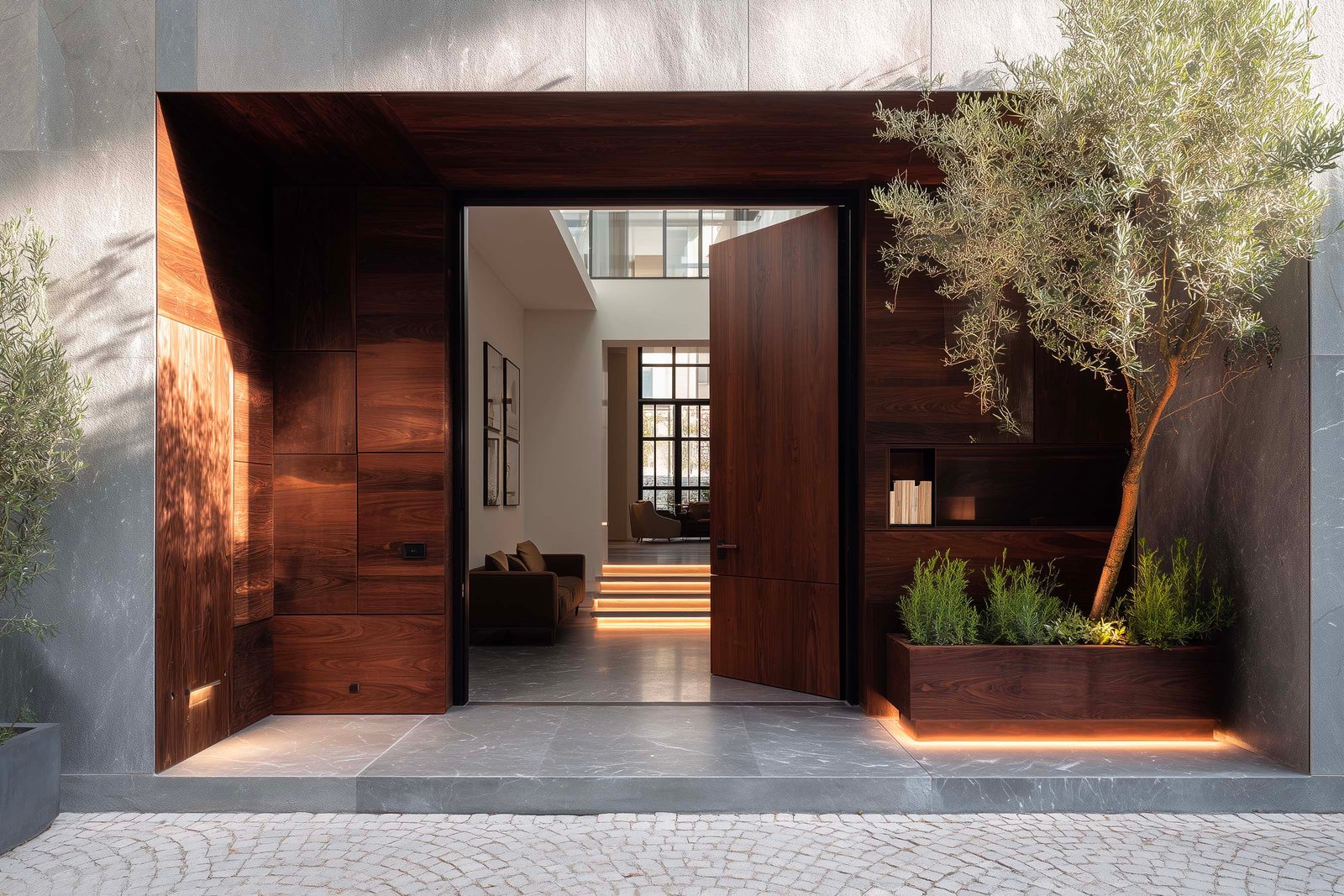 Prospettiva attraverso palazzo milanese rinnovato, partizione botanica modulare in noce affumicato e Acciaio Brunito con Hedera helix in fondo — Paracelsus Gardens™