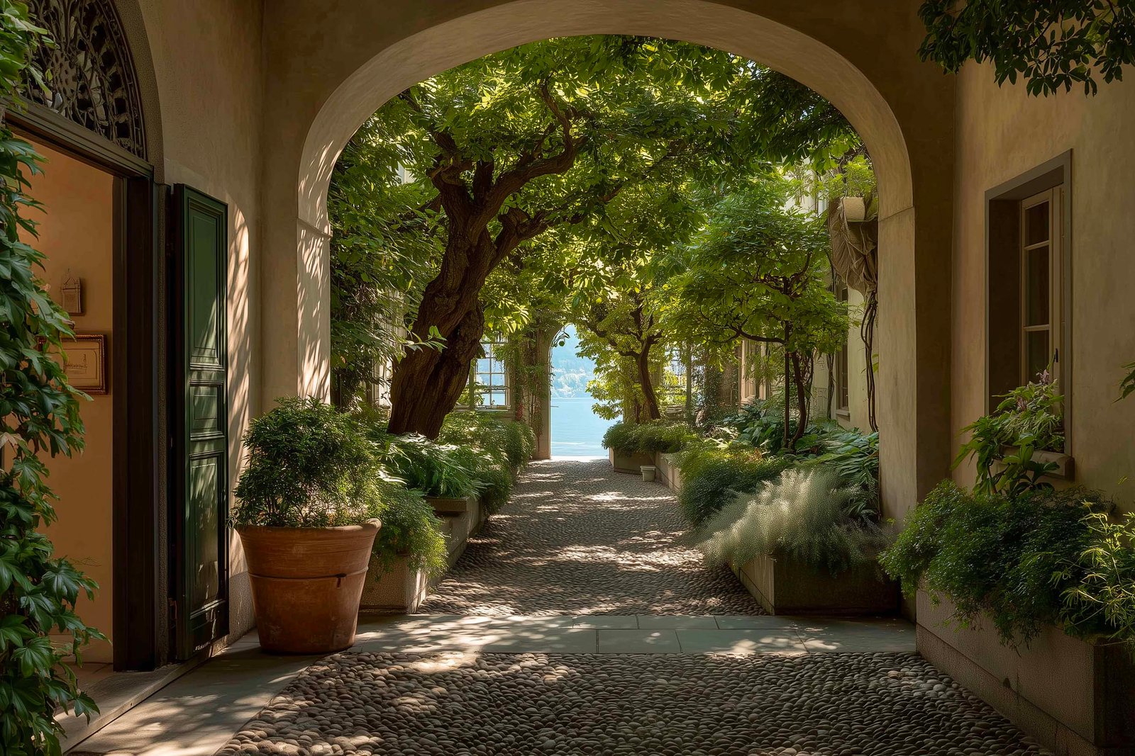 Cortile di villa sul Lago Maggiore con Olea europaea maturo, Lavandula angustifolia lungo percorso in Pietra Serena, fioriera Lignum con Jasminum officinale — Paracelsus Gardens™