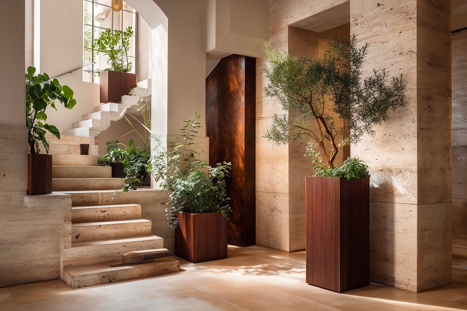 Spazio milanese con fioriere Lignum in noce affumicato posizionate come ancoraggi strutturali, Rosmarinus officinalis e Salvia officinalis, Acciaio Brunito — Paracelsus Gardens™