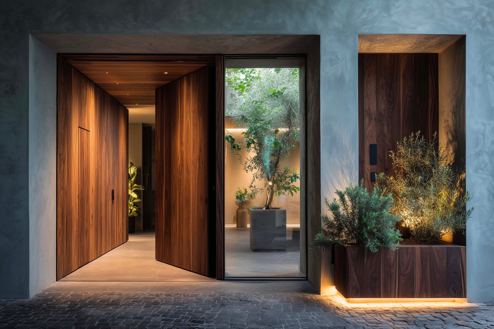 Sequenza d’ingresso in villa sul Lago di Como, porta in noce affumicato, partizione botanica modulare in Acciaio Brunito con Rosmarinus officinalis — Paracelsus Gardens™