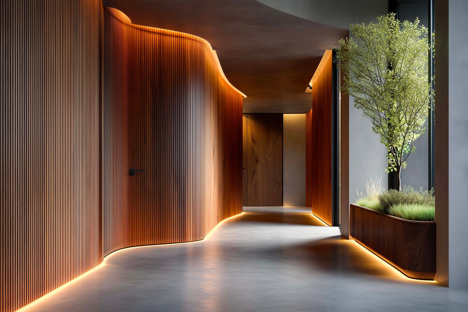 Corridoio stretto in appartamento milanese con pannellatura in noce affumicato, fioriera Lignum con Hedera helix, LED integrato a pavimento — Paracelsus Gardens™