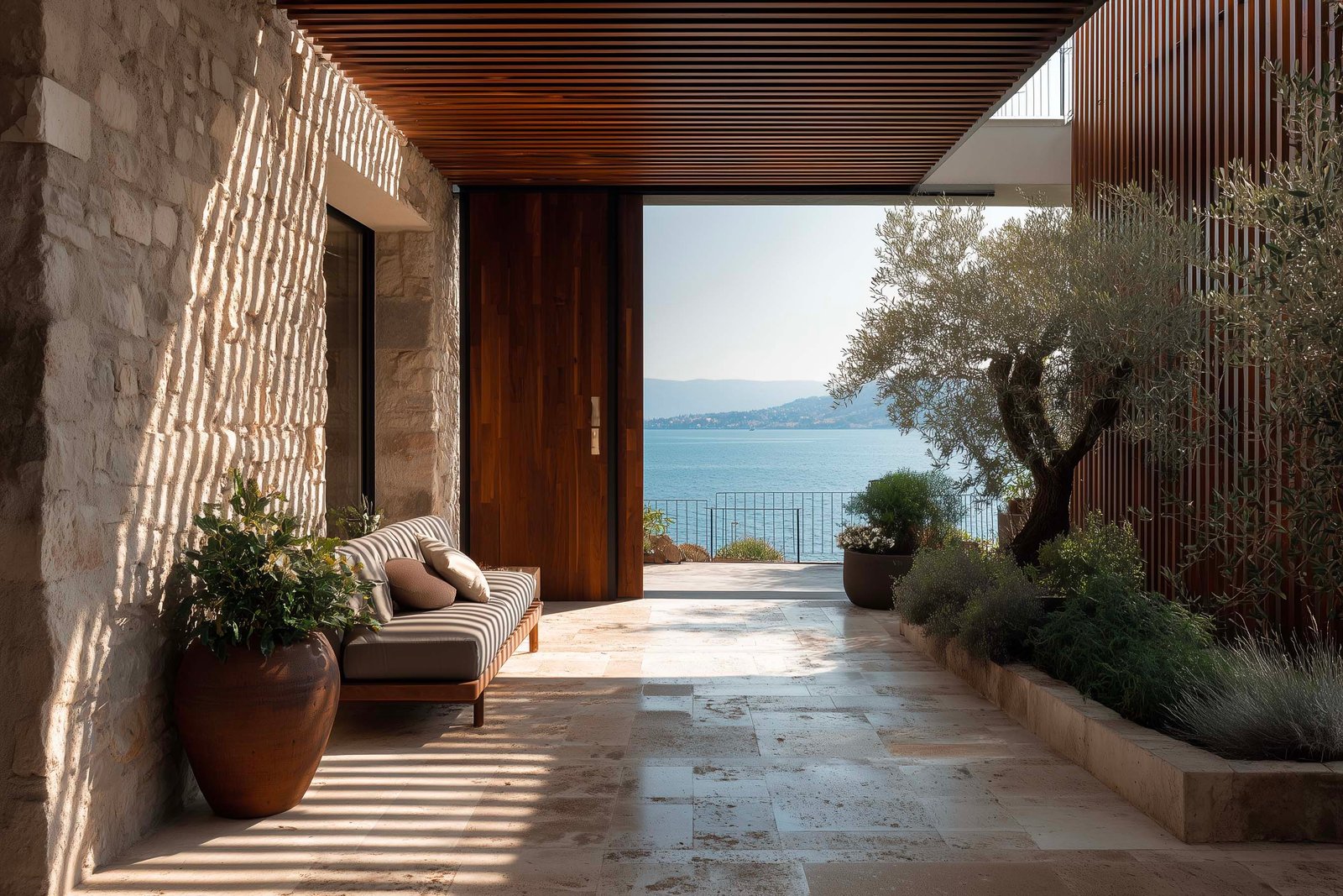 Apertura verso terrazza soleggiata di villa sul Lago di Garda, partizione botanica in noce affumicato, Olea europaea e Lavandula angustifolia — Paracelsus Gardens™