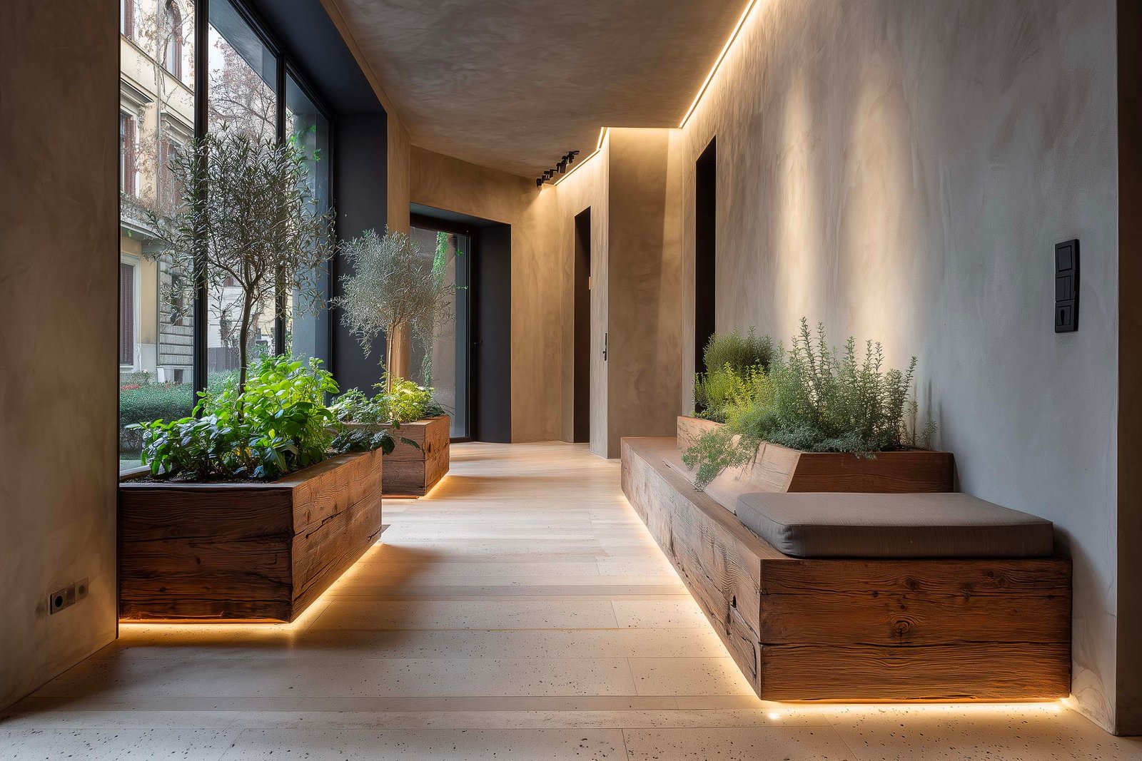 Sequenza di tre fioriere Lignum in noce affumicato con Thymus vulgaris, Salvia officinalis e Rosmarinus officinalis come guida spaziale, LED e Acciaio Brunito — Paracelsus Gardens™