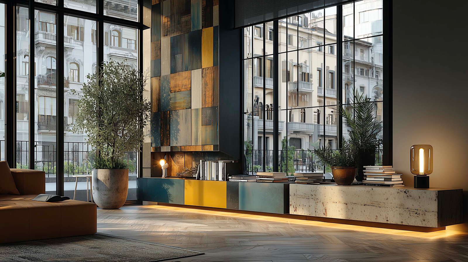 Loft milanese al tardo pomeriggio, partizione botanica modulare in noce affumicato e Acciaio Brunito con Rosmarinus officinalis, ombre geometriche su travertino — Paracelsus Gardens™