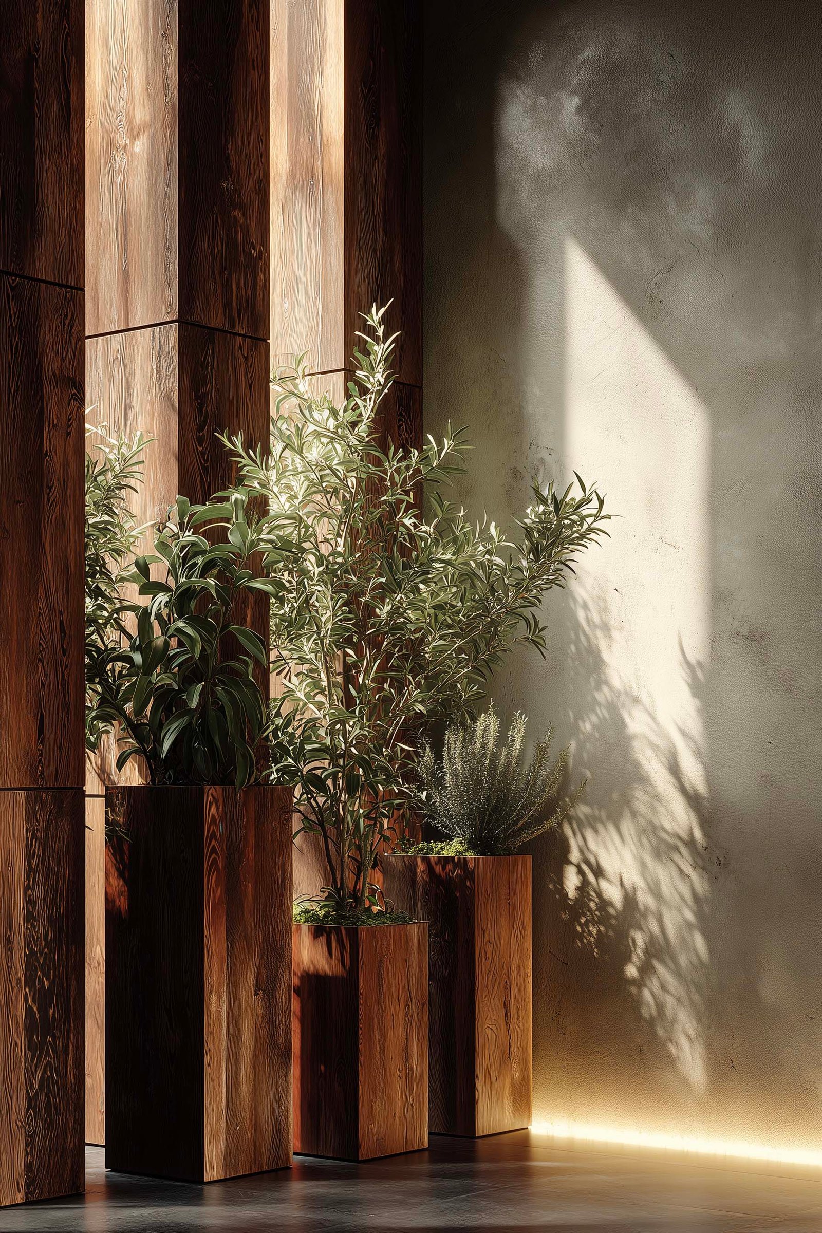 Dettaglio di partizione in noce affumicato nel quartiere Brera a Milano, Lavandula angustifolia che filtra la luce, Acciaio Brunito con patina, LED integrato — Paracelsus Gardens™