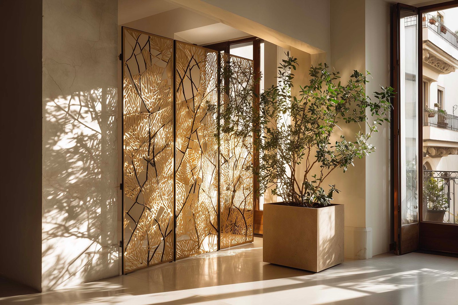 Living milanese a mezzogiorno, ombre di Rosmarinus officinalis e Salvia officinalis filtrate dalla partizione in noce affumicato su muro in intonaco bianco — Paracelsus Gardens™