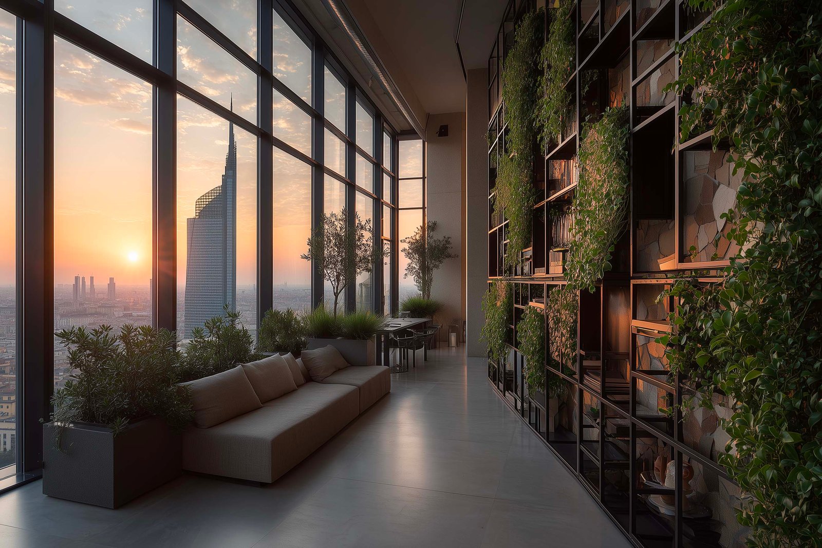 Penthouse milanese al tramonto, partizione botanica in noce affumicato con Hedera helix e Jasminum officinale in controluce, skyline CityLife — Paracelsus Gardens™