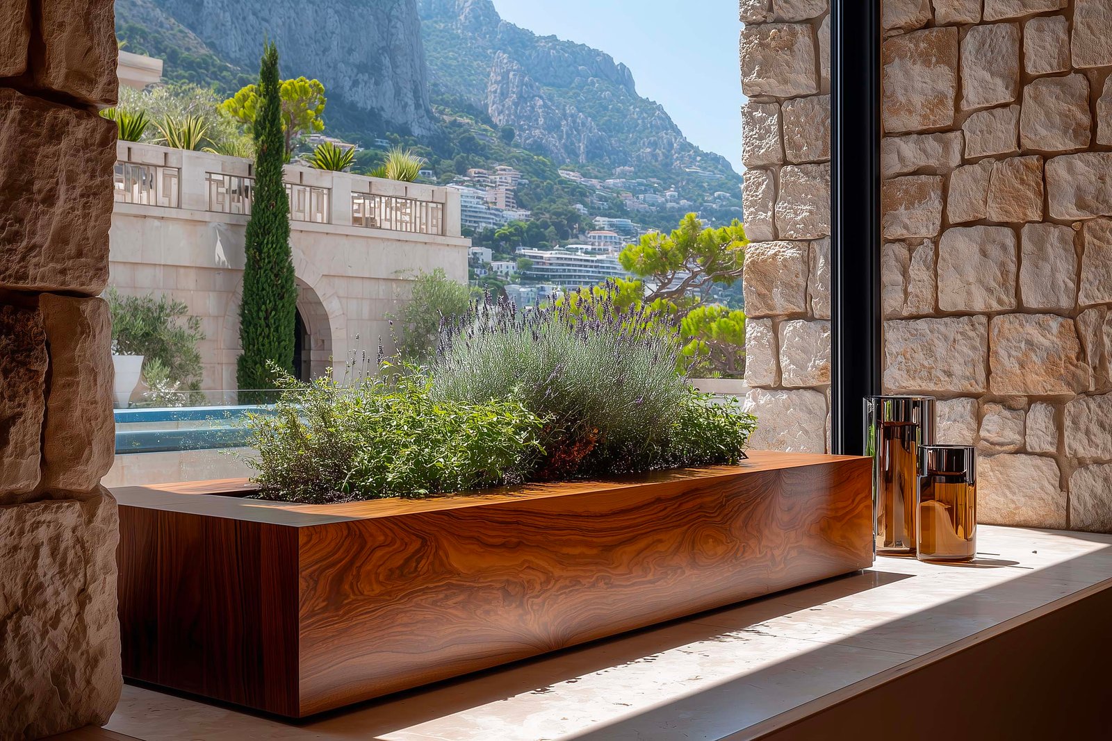 Villa a Roquebrune-Cap-Martin, fascio di luce su fioriera Lignum in noce affumicato con Thymus vulgaris, Pietra Serena e Acciaio Brunito — Paracelsus Gardens™