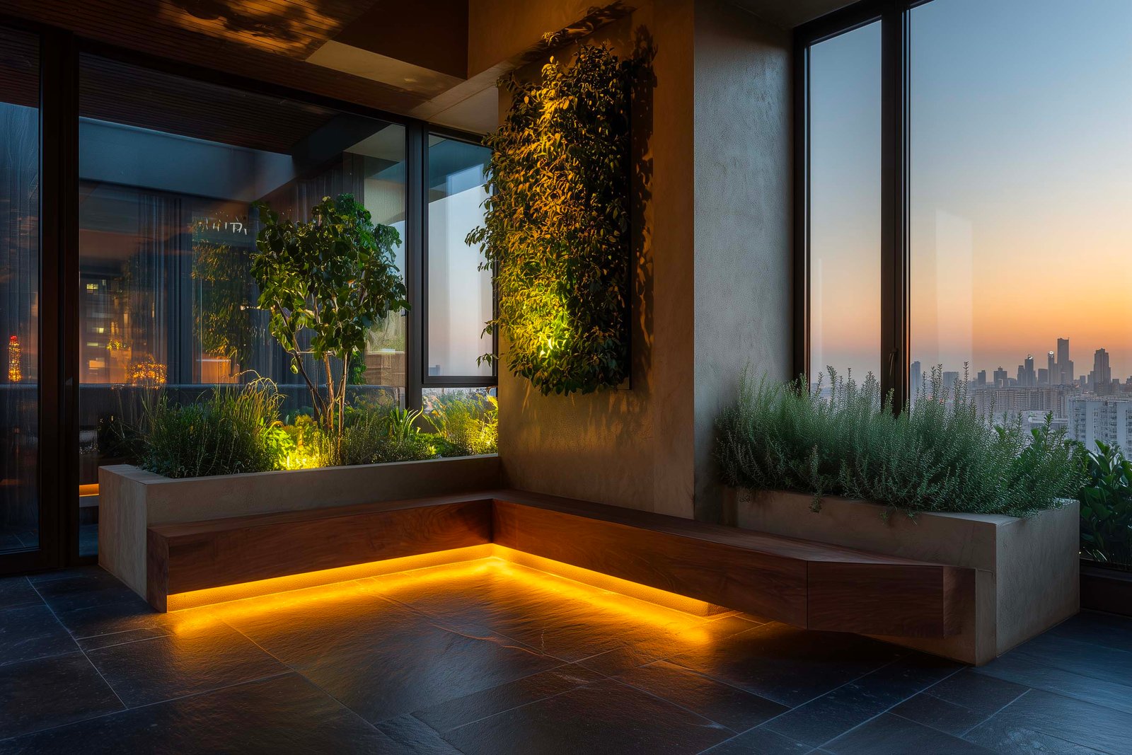 Appartamento milanese al crepuscolo, LED integrato alla base di partizione in noce affumicato, Rosmarinus officinalis in controluce ambrata, Acciaio Brunito — Paracelsus Gardens™