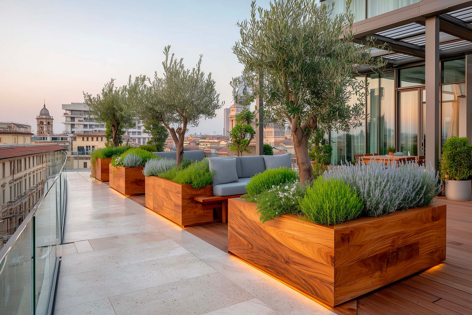 Terrazza rooftop a Milano Brera al blue hour, fioriere Lignum in noce affumicato con Olea europaea, LED integrato, pergola in Acciaio Brunito — Paracelsus Gardens™