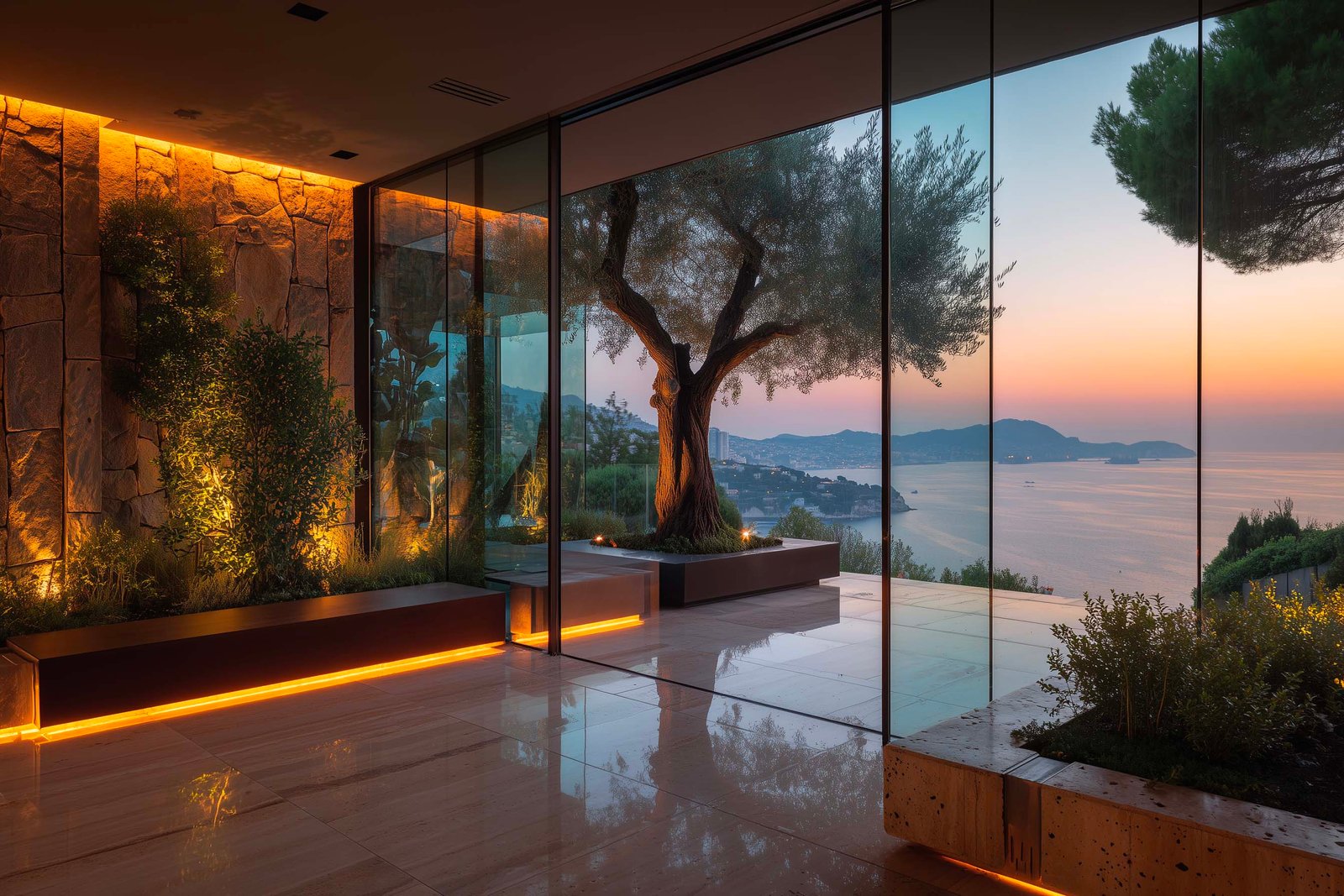 Spazio indoor-outdoor di villa sopra Villefranche-sur-Mer al crepuscolo, partizione botanica e fioriere Lignum in noce affumicato, Rosmarinus officinalis e Jasminum officinale — Paracelsus Gardens™