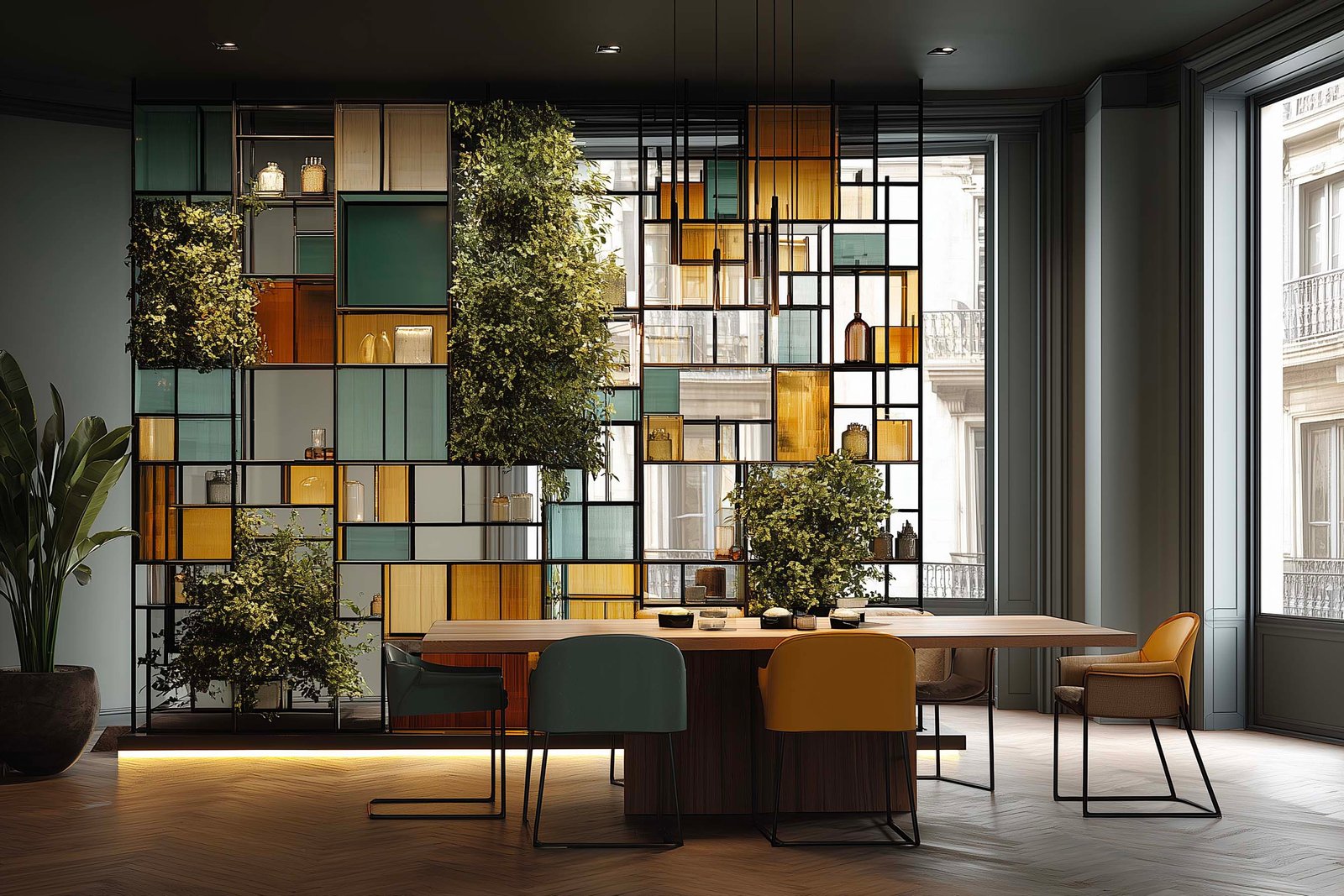 Sala da pranzo milanese dopo il tramonto, partizione in noce affumicato e Acciaio Brunito con Hedera helix e Laurus nobilis, LED integrato come unica luce — Paracelsus Gardens™