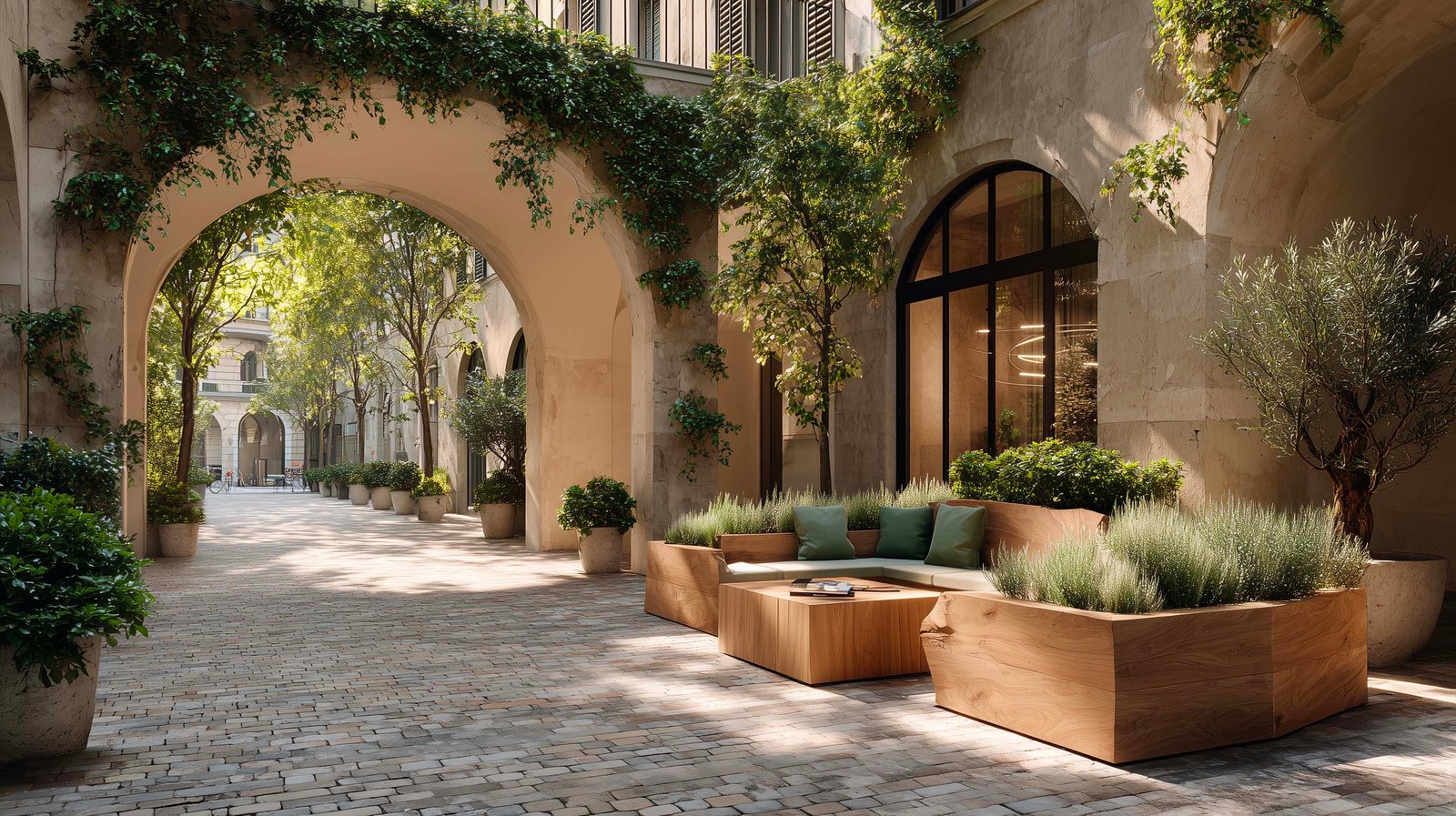 Cortile di palazzo milanese con soglie ad arco, partizione botanica modulare in noce affumicato e Acciaio Brunito, Wisteria e Olea europaea, Pietra Serena — Paracelsus Gardens™