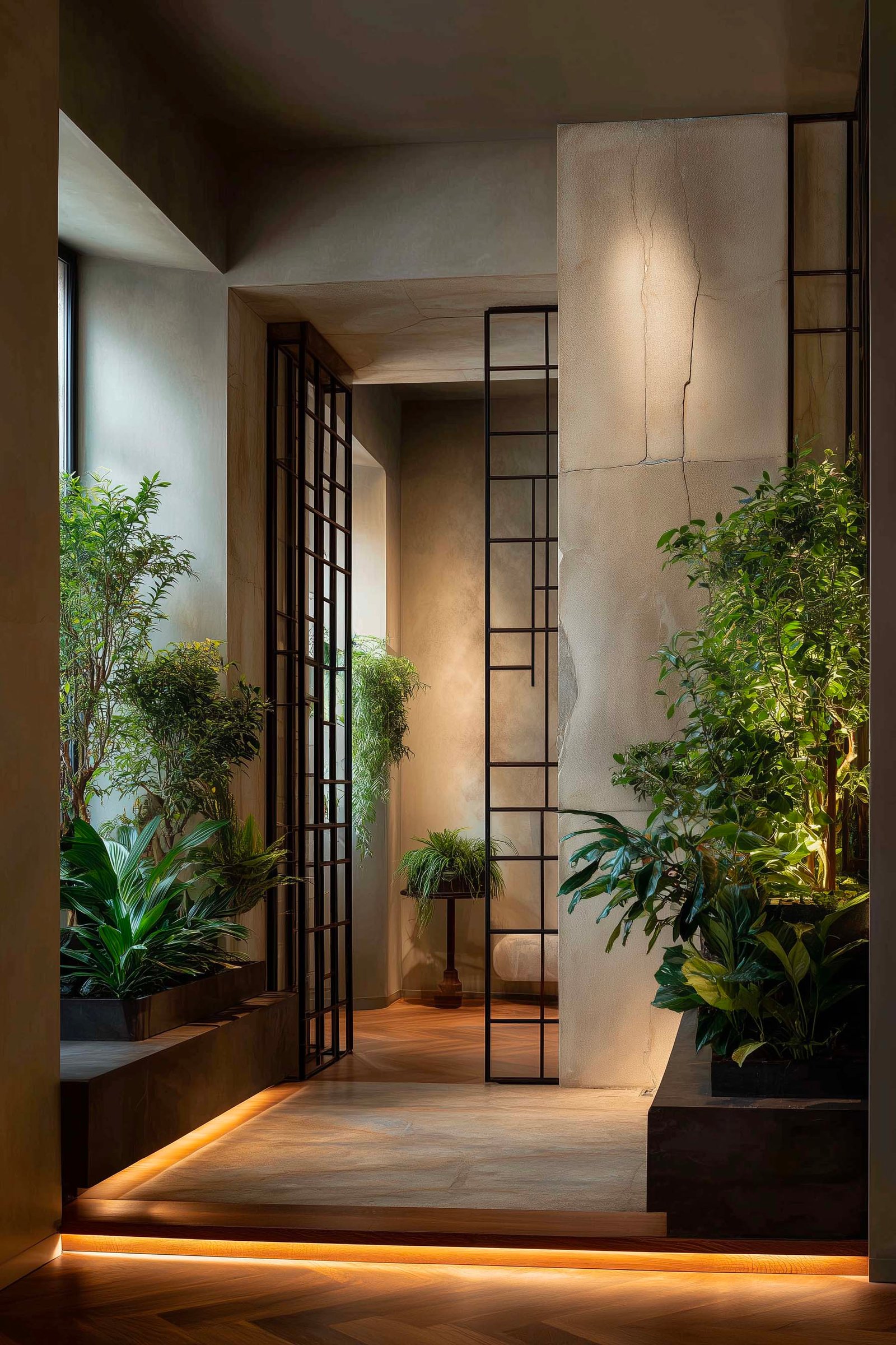 Soglia architettonica in villa sul Lago di Como, partizione modulare in noce affumicato con Rosmarinus officinalis e Hedera helix, Pietra Serena e LED integrato — Paracelsus Gardens™