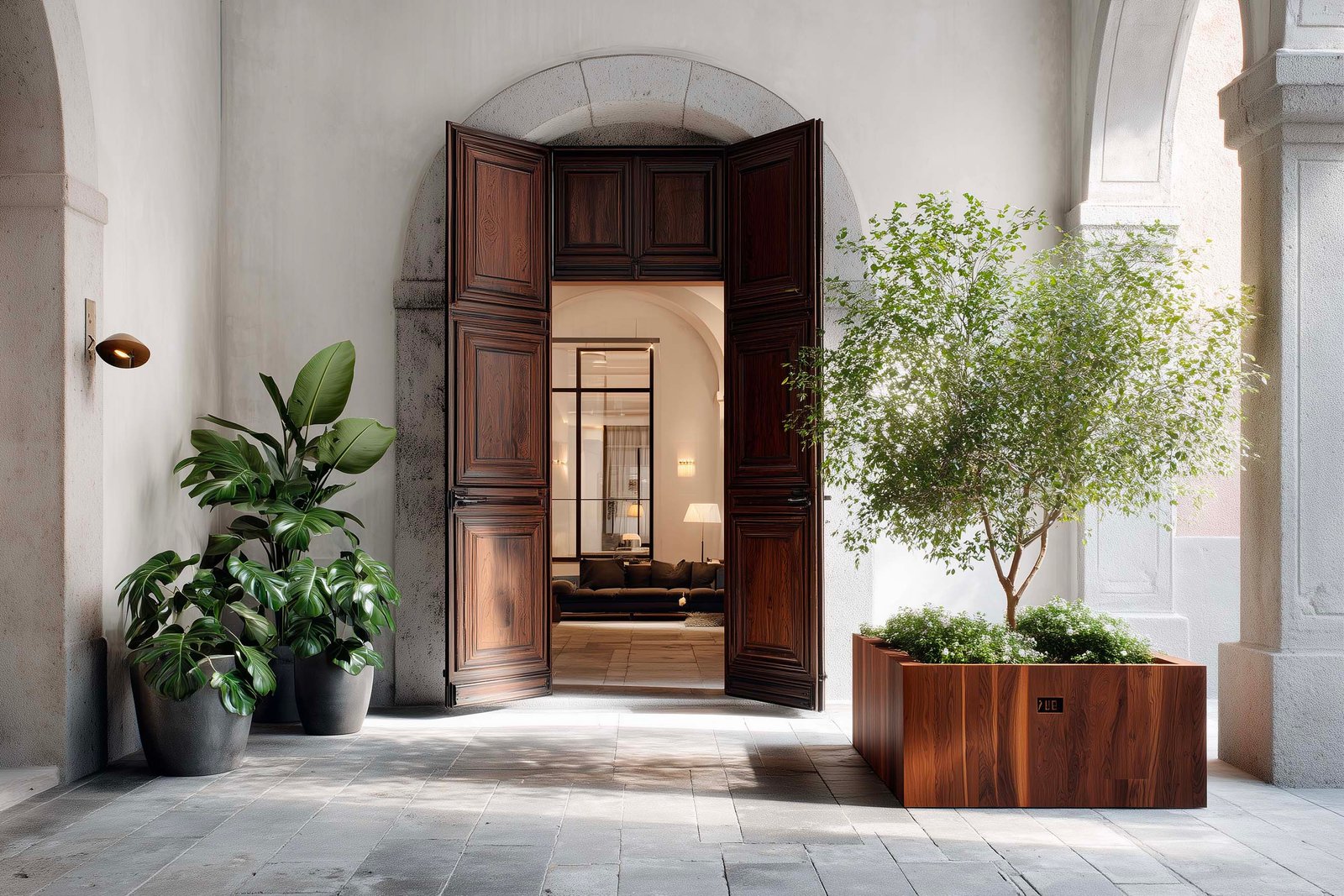 Ingresso di palazzo milanese rinnovato, fioriera Lignum in noce affumicato con Laurus nobilis alla soglia, Pietra Serena e Acciaio Brunito — Paracelsus Gardens™
