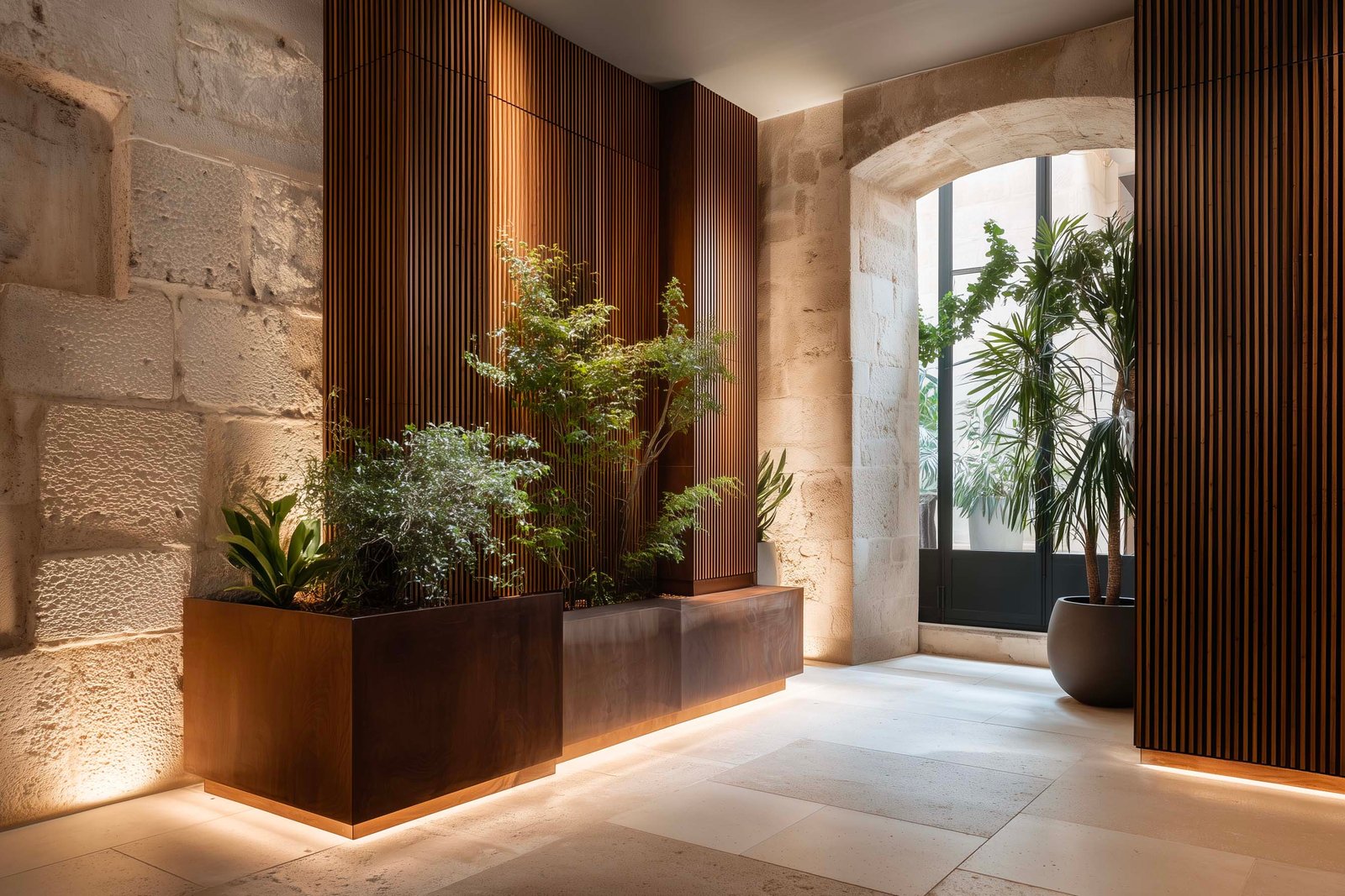 Sequenza compressione-rilascio in appartamento milanese, partizione botanica in noce affumicato con Salvia officinalis e Thymus vulgaris, LED integrato — Paracelsus Gardens™