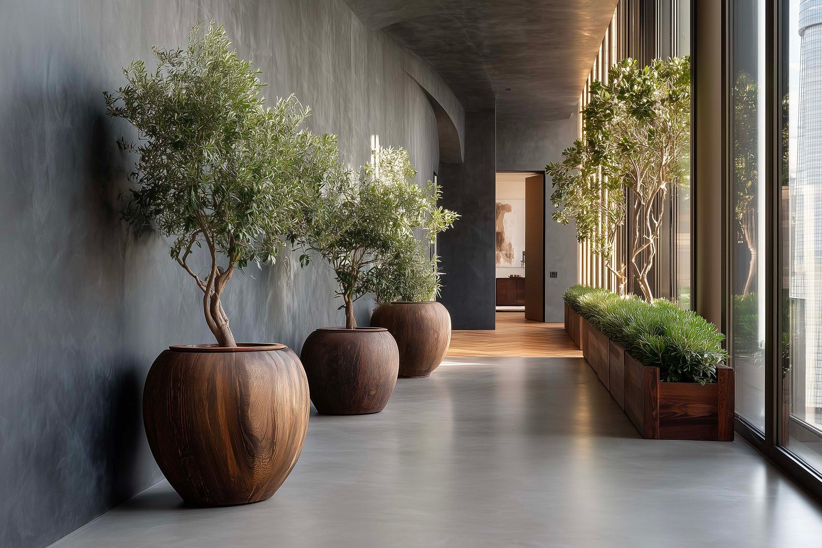 Galleria di villa sul Lago Maggiore con fioriere Lignum in noce affumicato e Rosmarinus officinalis alle soglie successive, Acciaio Brunito — Paracelsus Gardens™