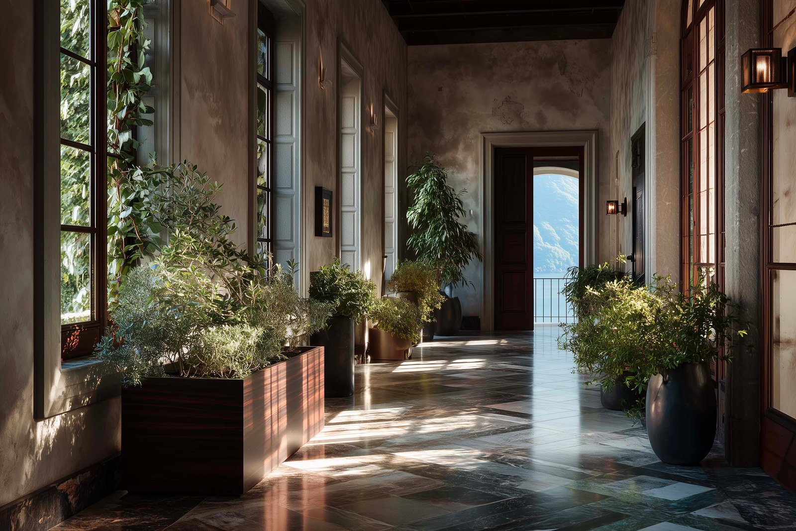 Transizione pubblico-intimo in boutique hotel milanese, partizione botanica in noce affumicato con Hedera helix e Jasminum officinale, micro-cemento — Paracelsus Gardens™