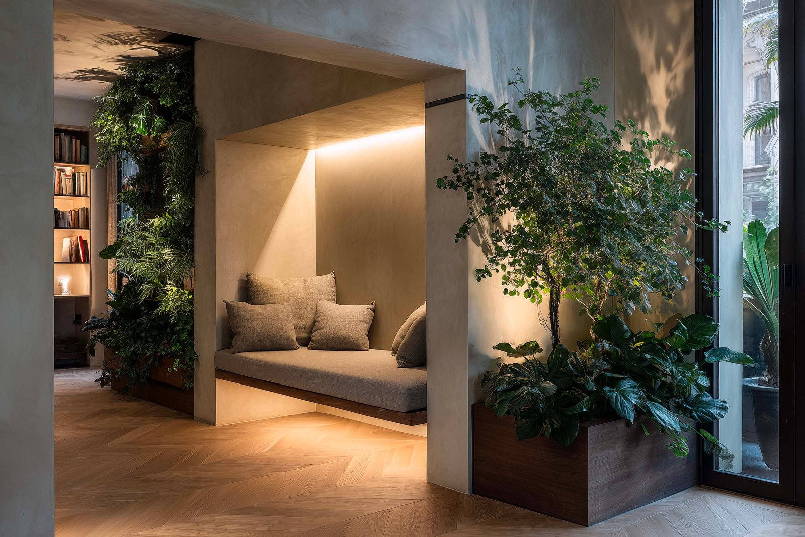Alcova di lettura in villa sul Lago di Como, fioriera Lignum in noce affumicato con Ficus microcarpa, panca in Pietra Serena e LED integrato — Paracelsus Gardens™