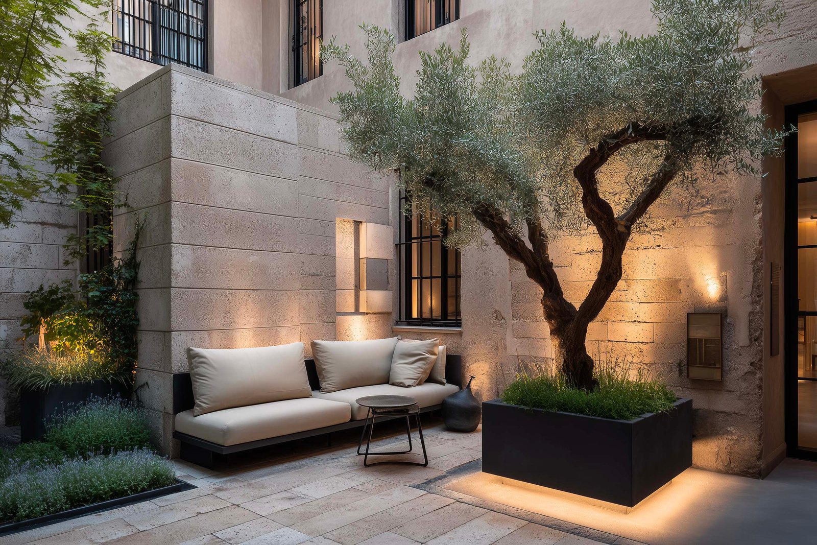 Patio racchiuso di palazzo milanese con Olea europaea in fioriera Lignum, Lavandula angustifolia e Chamaemelum nobile, pavimento in travertino — Paracelsus Gardens™
