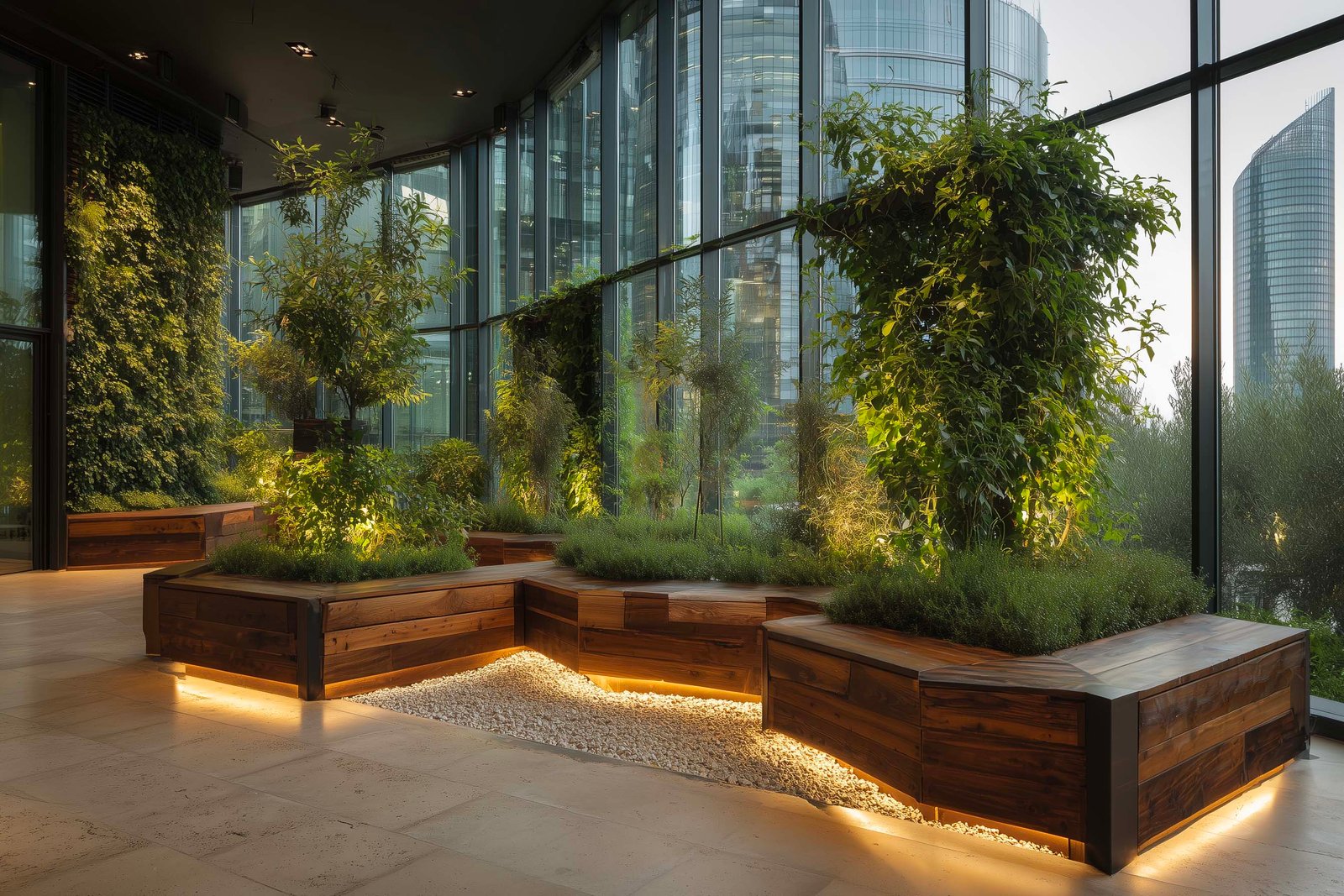 Giardino interno milanese con partizione botanica in noce affumicato e Acciaio Brunito, Hedera helix e Laurus nobilis in fioriere Lignum, Pietra Serena — Paracelsus Gardens™