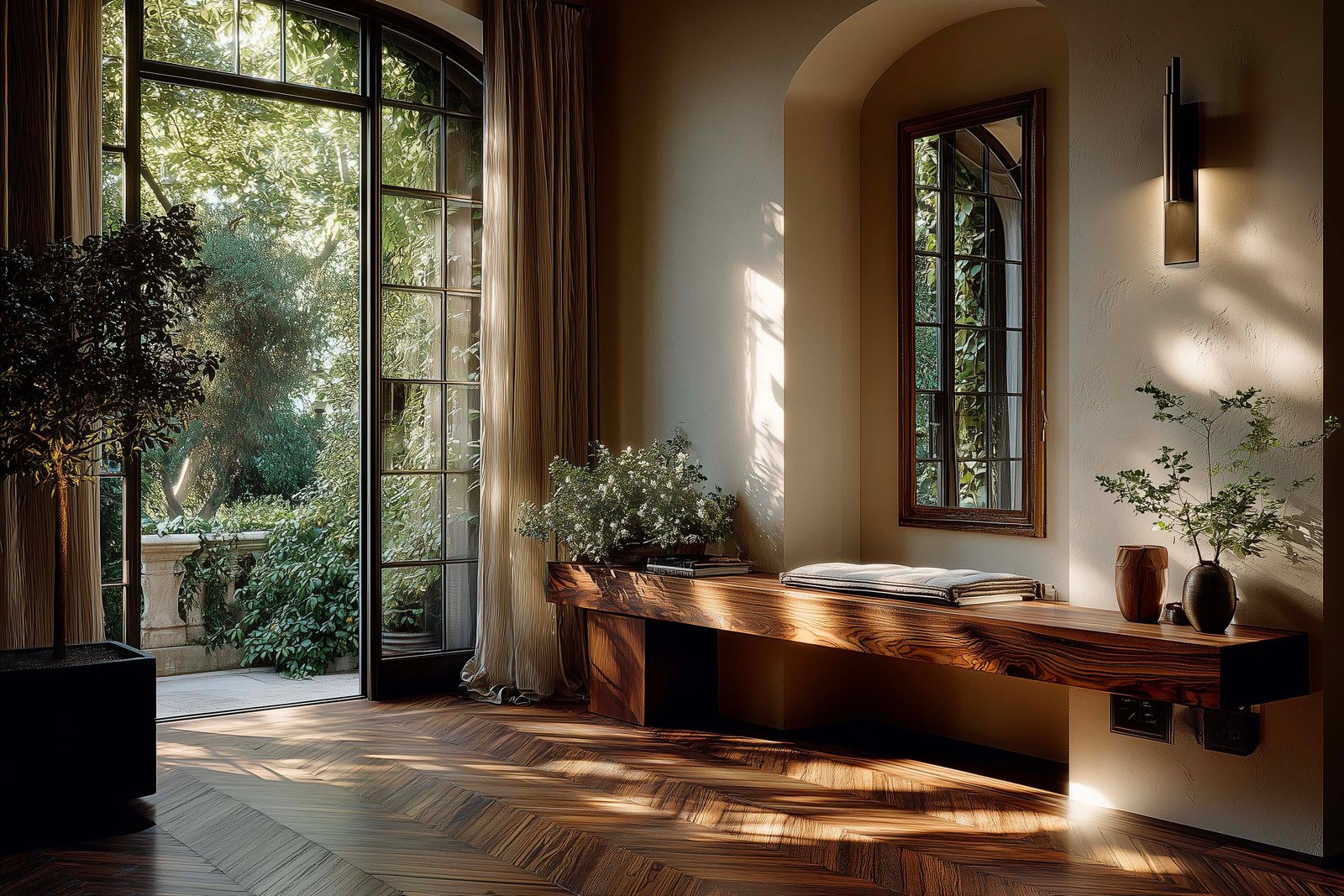 Angolo intimo di villa sul Lago di Garda, consolle Apotheca in noce affumicato con Mentha spicata e Thymus vulgaris, fioriera Lignum con Jasminum officinale — Paracelsus Gardens™