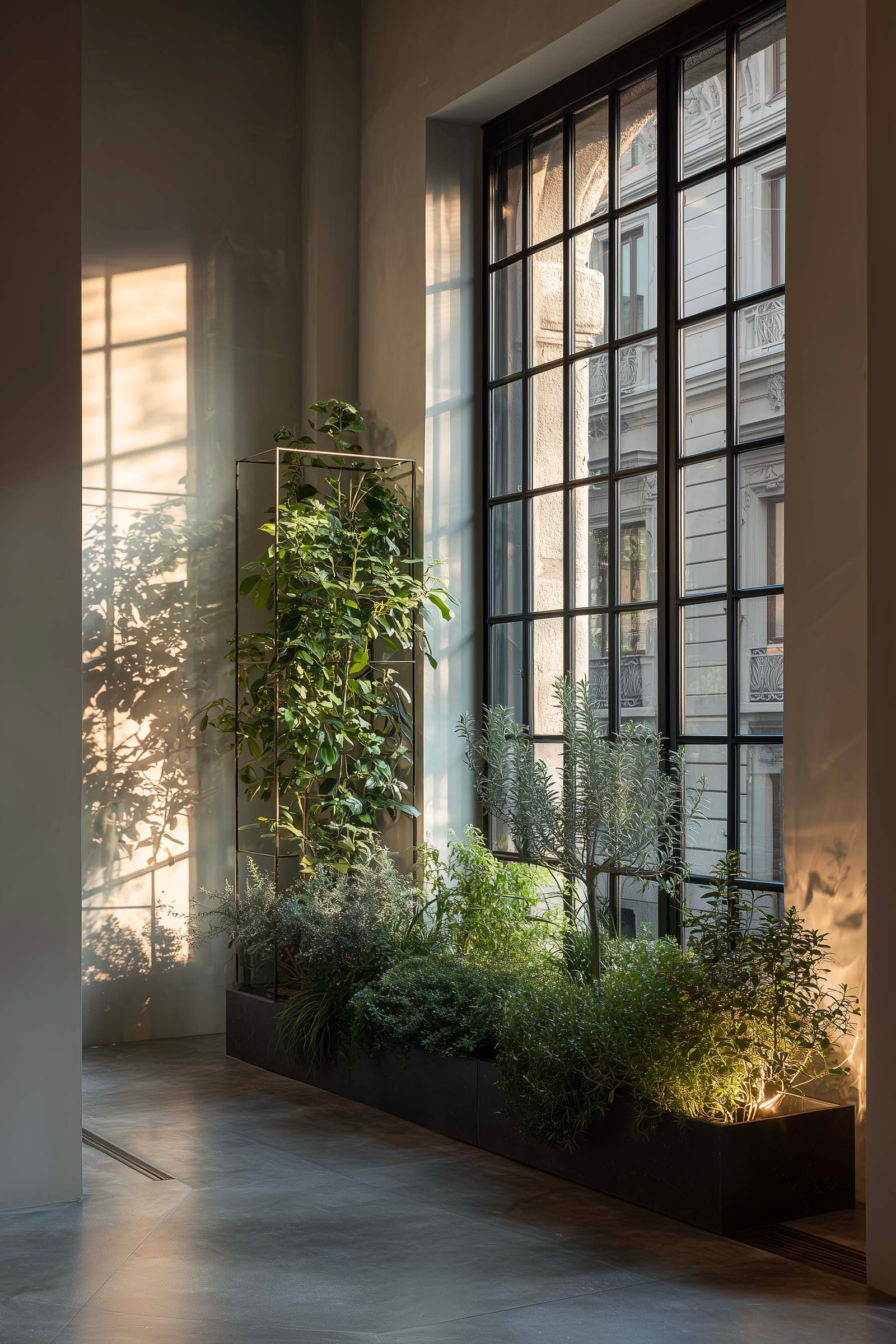 Appartamento milanese con partizione botanica modulare in noce affumicato, Rosmarinus officinalis e Salvia officinalis, micro-cemento grigio caldo — adattamento contestuale — Paracelsus Gardens™