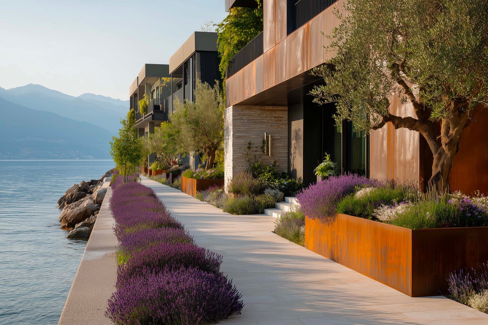 Giardino lungolago sul Lago Maggiore con fioriere Lignum in noce affumicato, Lavandula angustifolia e Olea europaea all’orizzonte — Paracelsus Gardens™