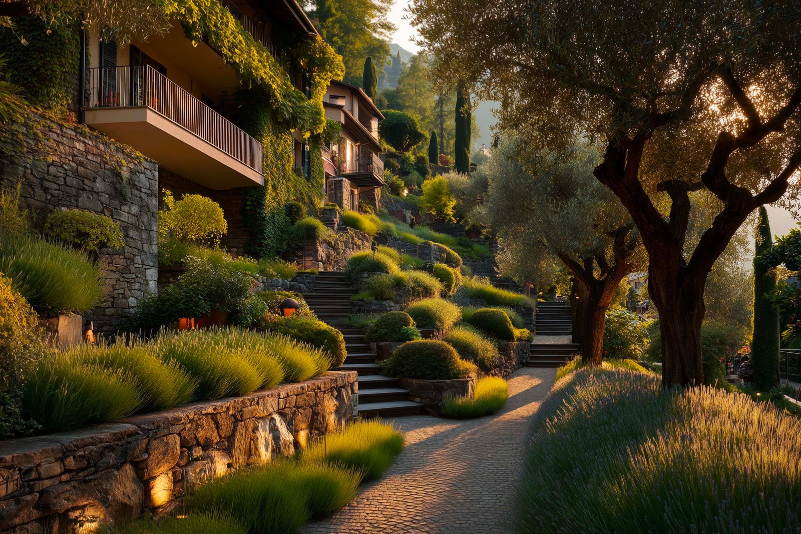 Giardino terrazzato a Bellagio con fioriere Lignum in noce affumicato e Olea europaea a ogni livello, Lavandula angustifolia lungo muri in Pietra Serena — Paracelsus Gardens™