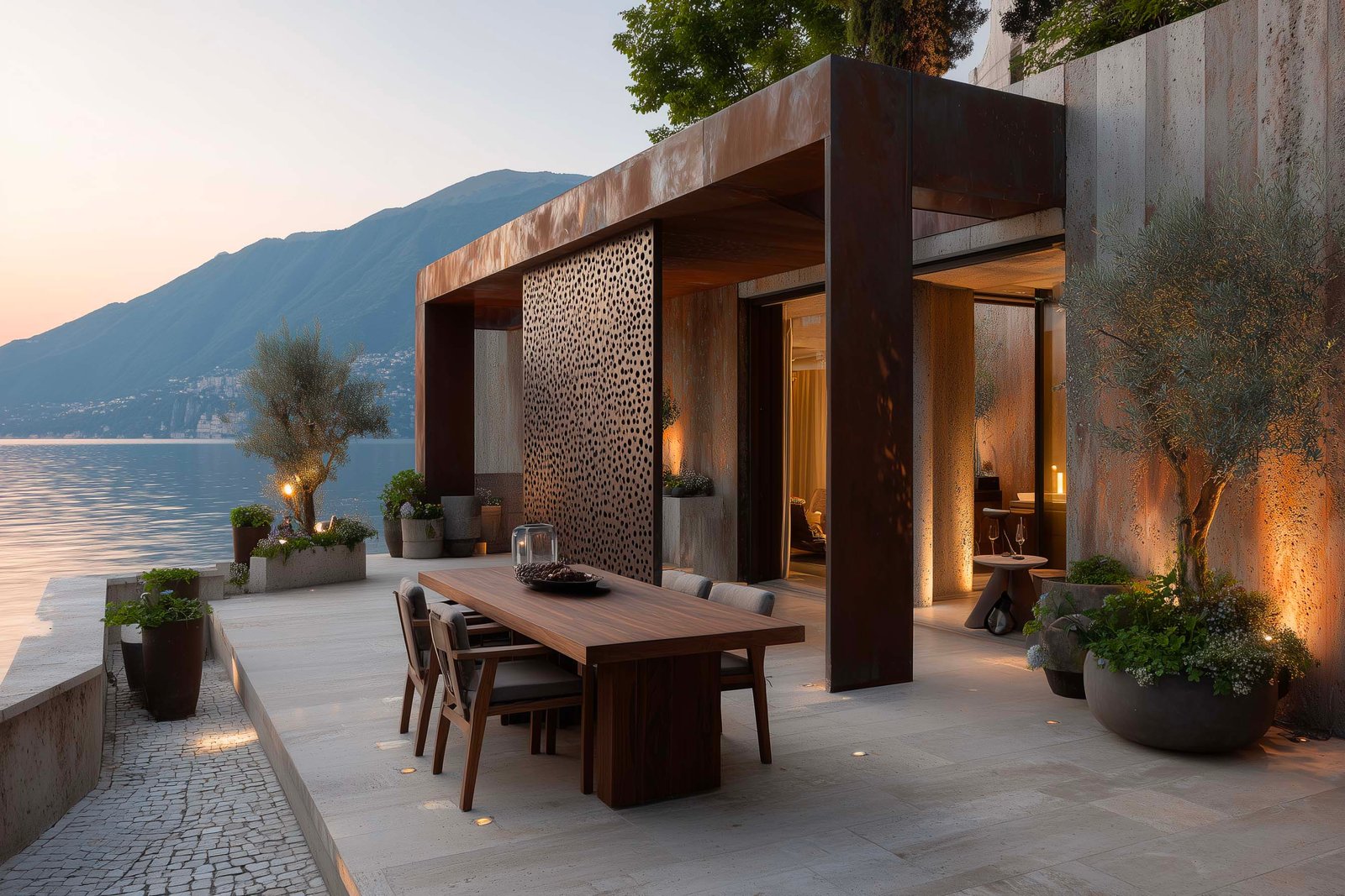 Terrazza pranzo di tenuta sul Lago di Como con consolle Apotheca, Citrus limon in fioriere Lignum, partizione botanica modulare in Acciaio Brunito — Paracelsus Gardens™