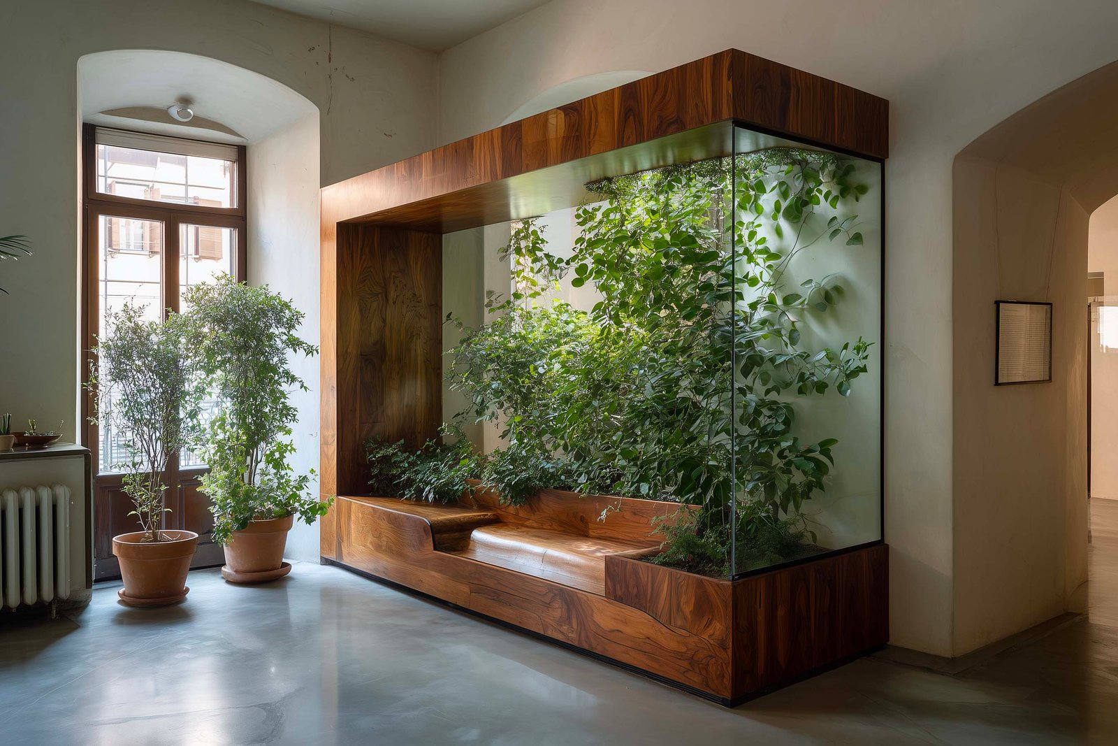 Cortile compatto milanese con modulo di partizione botanica in noce affumicato e Acciaio Brunito, Hedera helix e Rosmarinus officinalis, micro-cemento — Paracelsus Gardens™