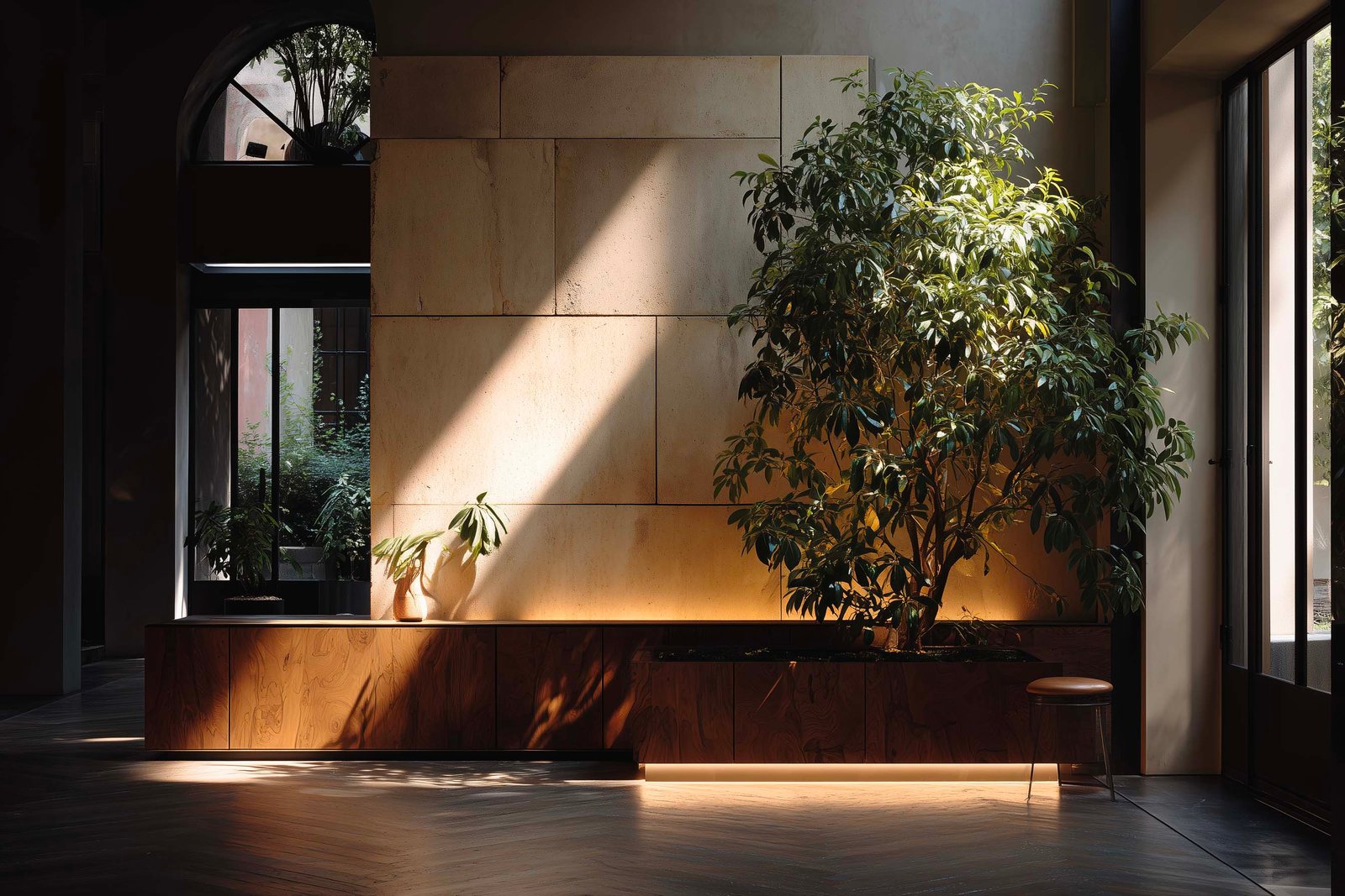 Piano terra milanese con partizione botanica in noce affumicato e Ficus microcarpa in fascio di luce, Acciaio Brunito in penombra, Pietra Serena — Paracelsus Gardens™