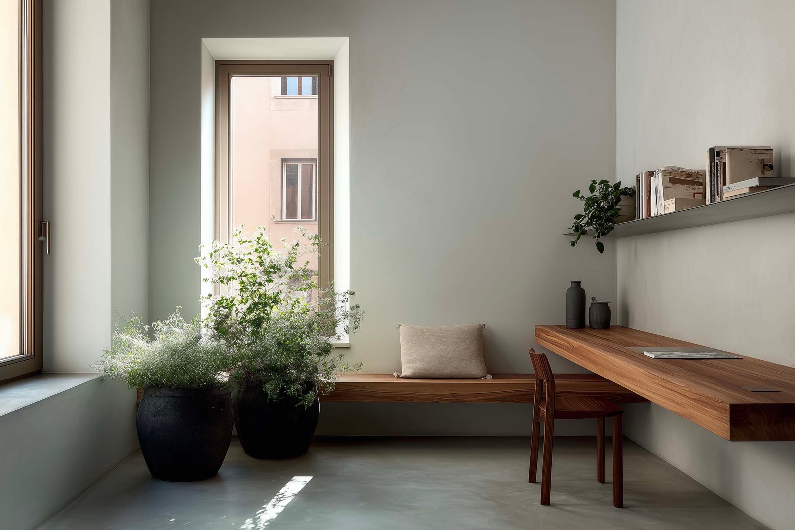 Studio milanese sereno con due fioriere Lignum in noce affumicato, Salvia officinalis e Thymus vulgaris, mensola in Acciaio Brunito, micro-cemento — Paracelsus Gardens™