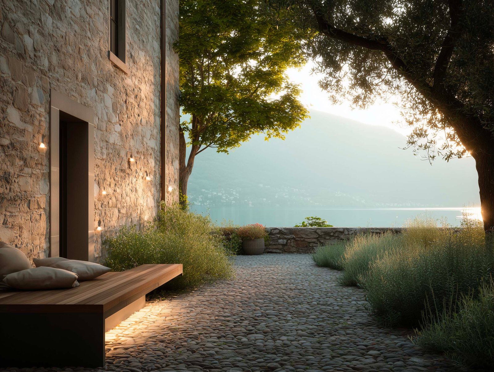 Lettura del luogo — luce naturale, Olea europaea e architettura esistente che rivelano la direzione del progetto, Paracelsus Gardens™