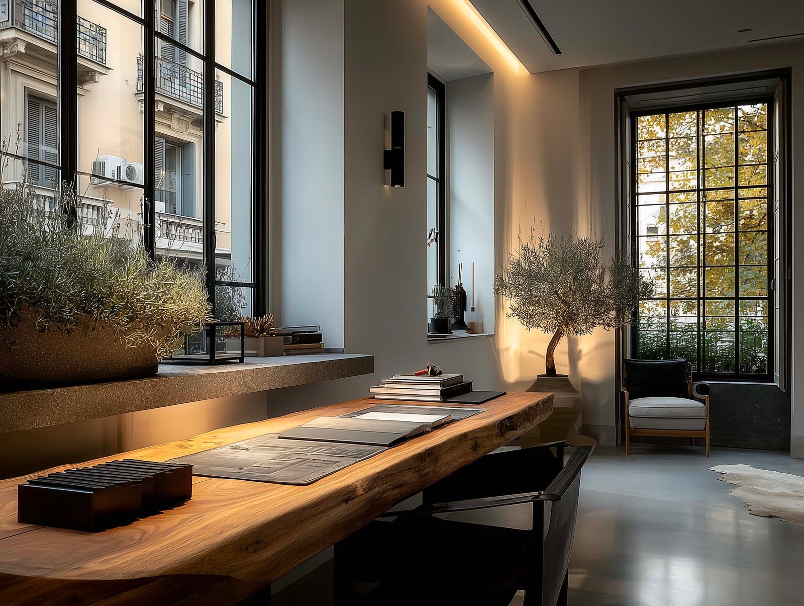 Definizione dell’intenzione — campioni di noce affumicato, Pietra Serena e Acciaio Brunito, schizzi progettuali e Rosmarinus officinalis, Paracelsus Gardens™