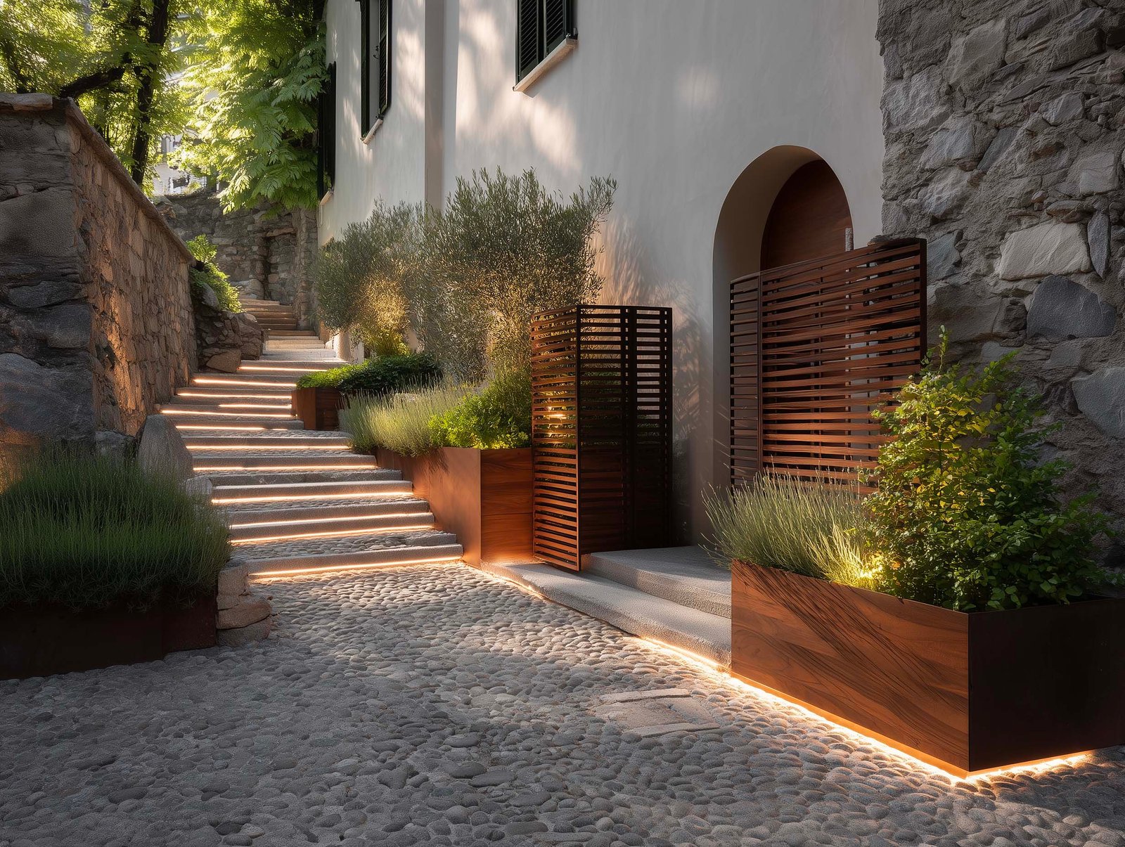 Sequenza spaziale — percorso con partizione botanica modulare, Lavandula angustifolia e Rosmarinus officinalis che guidano il movimento, Paracelsus Gardens™