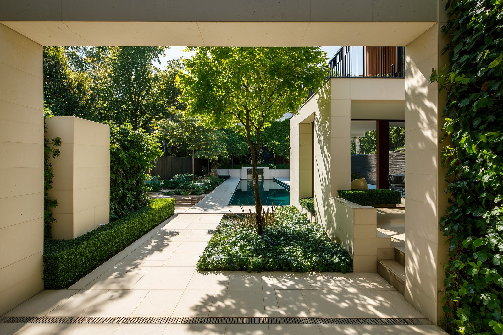 Lumière du jour : volumes végétaux cadrant la lumière et la perspective