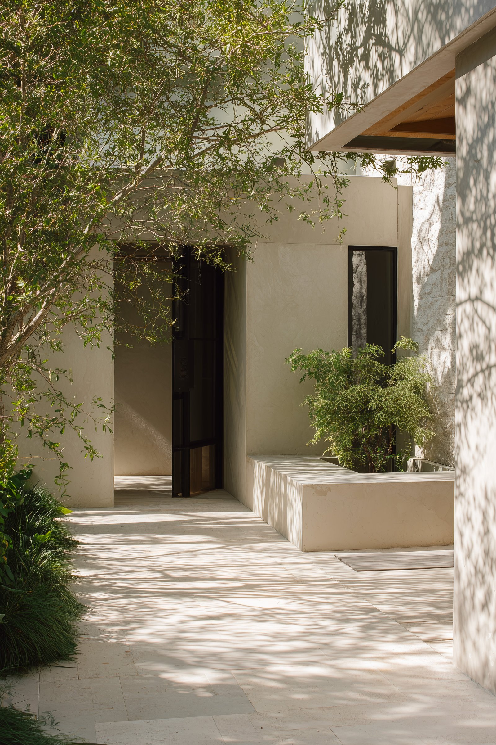 Image éditoriale verticale : lumière, matière et filtrage botanique