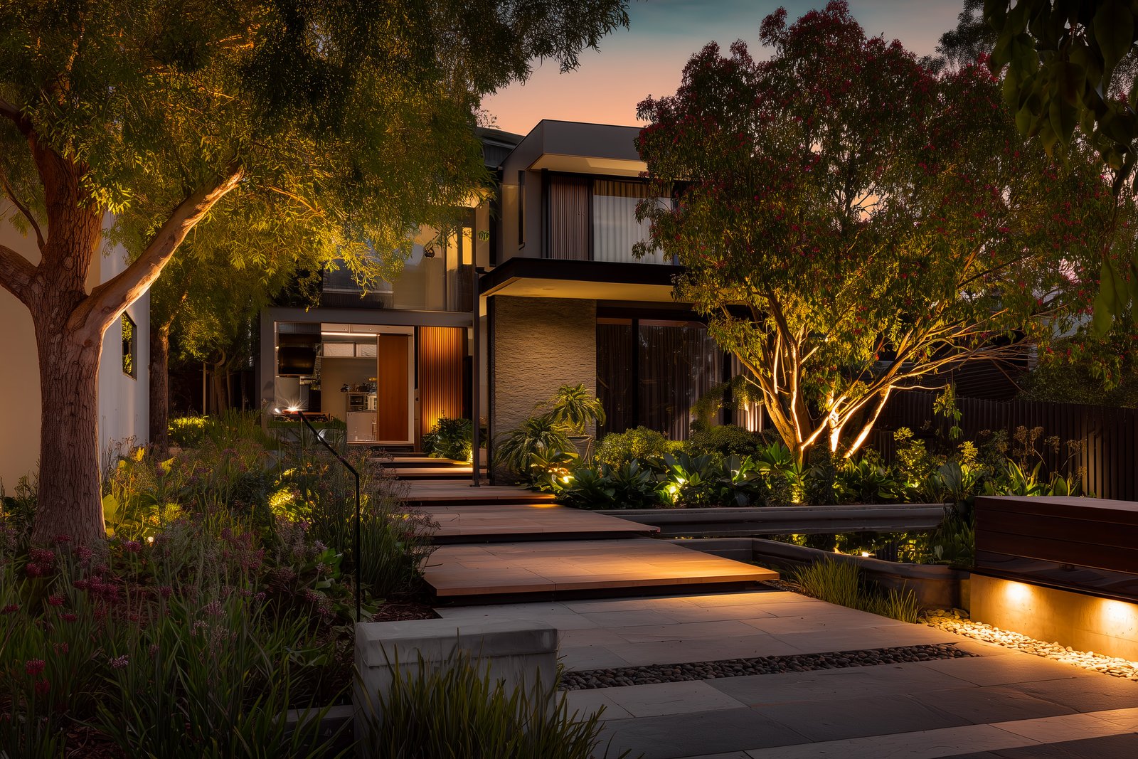 Soir : lueur chaude sur les matières et la structure botanique