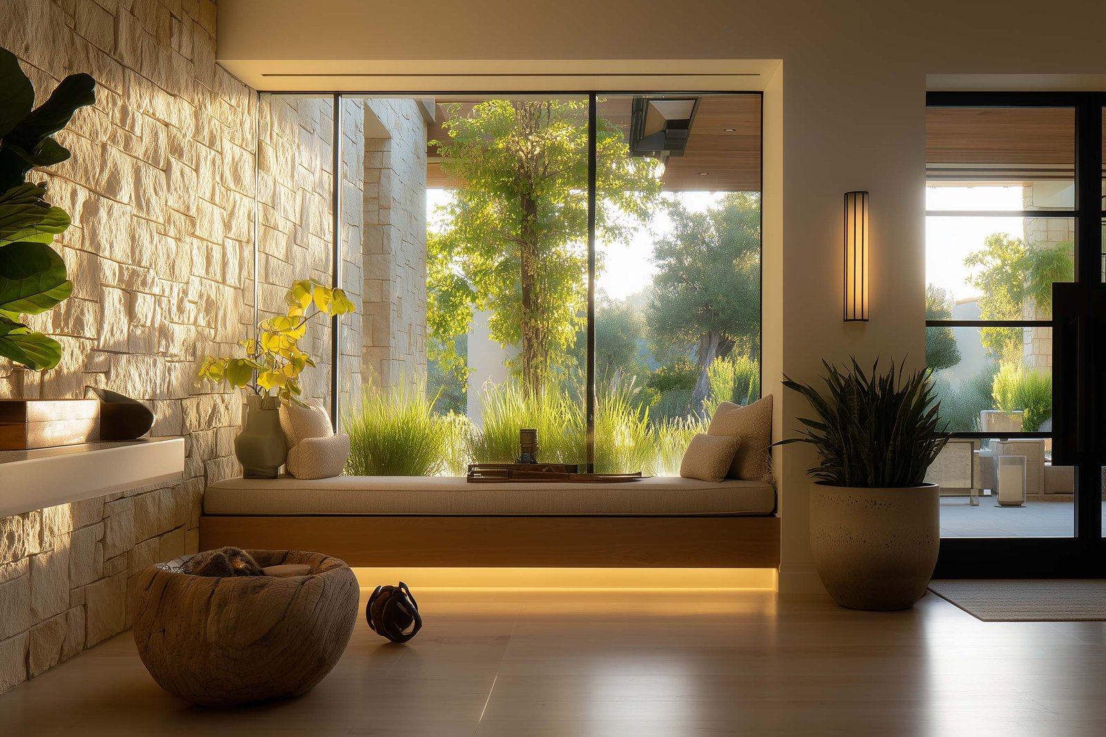 Late afternoon light interacting with botanical architecture in a Californian space