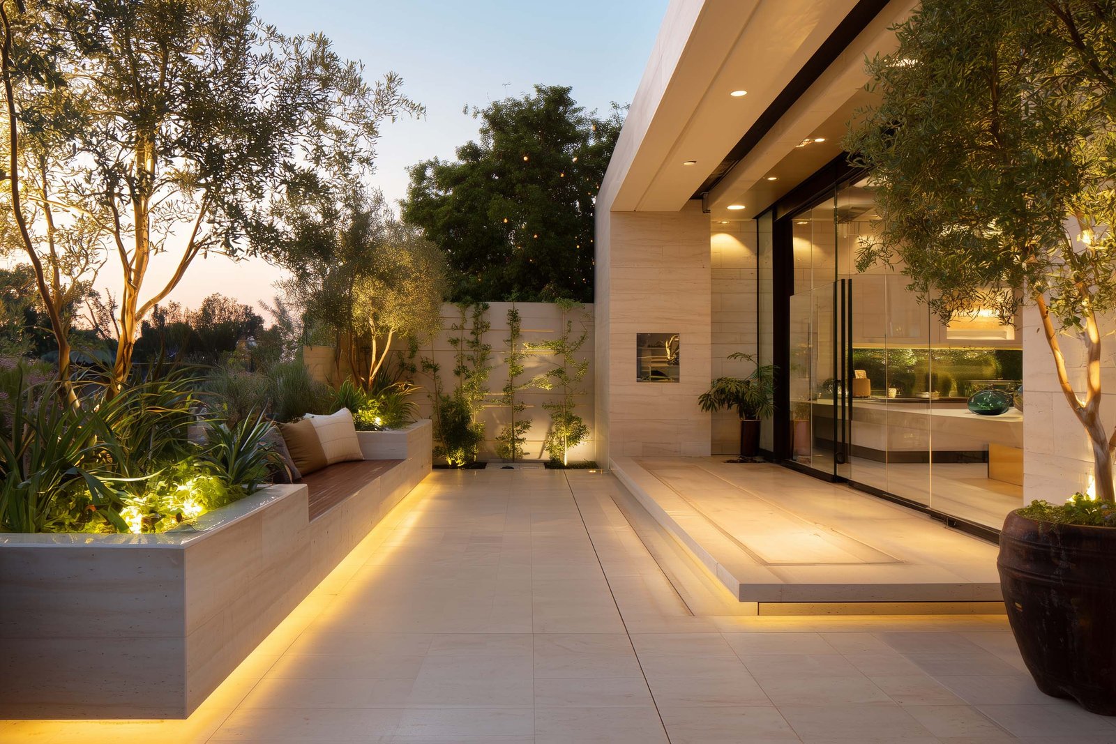 Evening atmosphere with indirect lighting and botanical presence in a Californian interior