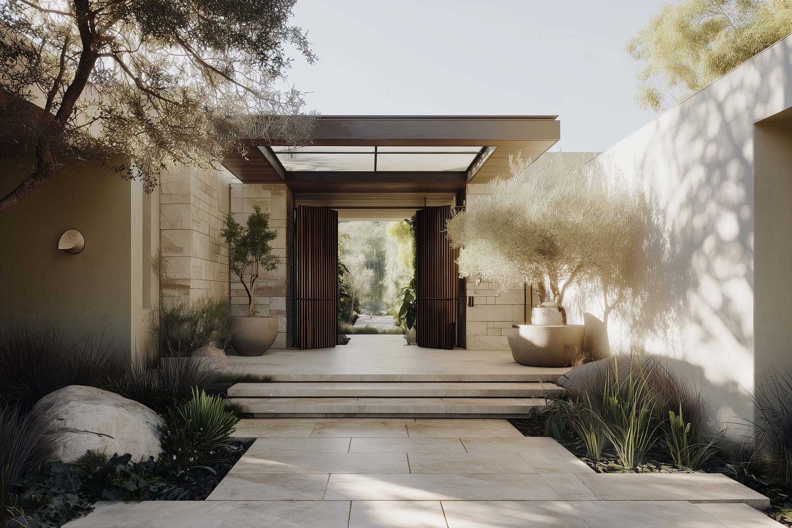Midday natural light shaping a calm Californian interior with integrated botanical architecture