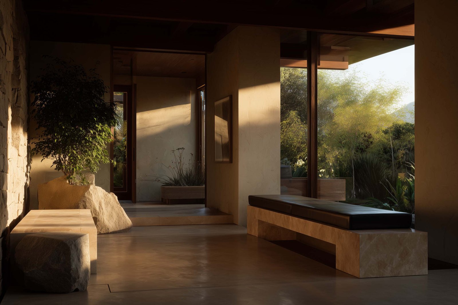 Californian architectural space in early morning light with restrained botanical presence