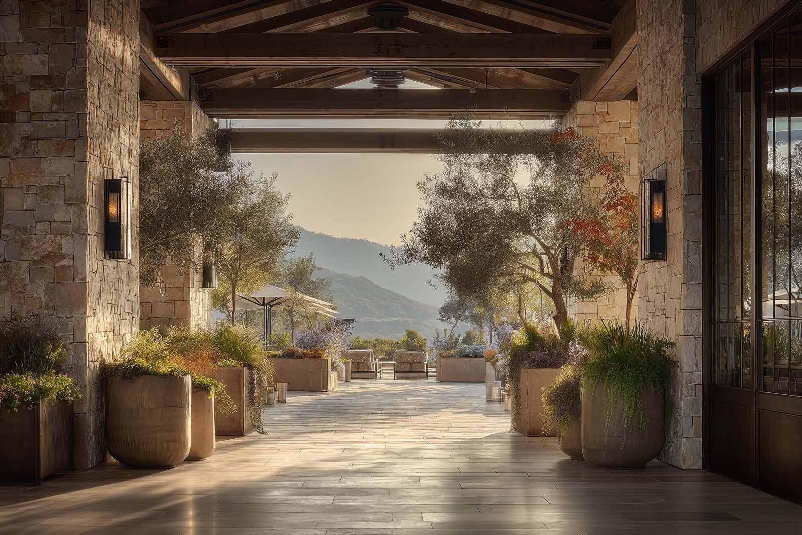 Indoor–outdoor architectural continuity using stone, wood and integrated botanical elements in a Californian environment