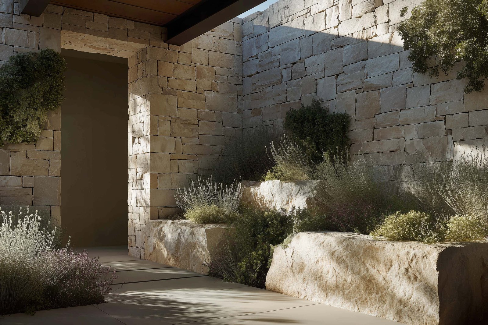 Californian architectural interior where natural stone surfaces integrate restrained botanical elements as part of the spatial structure