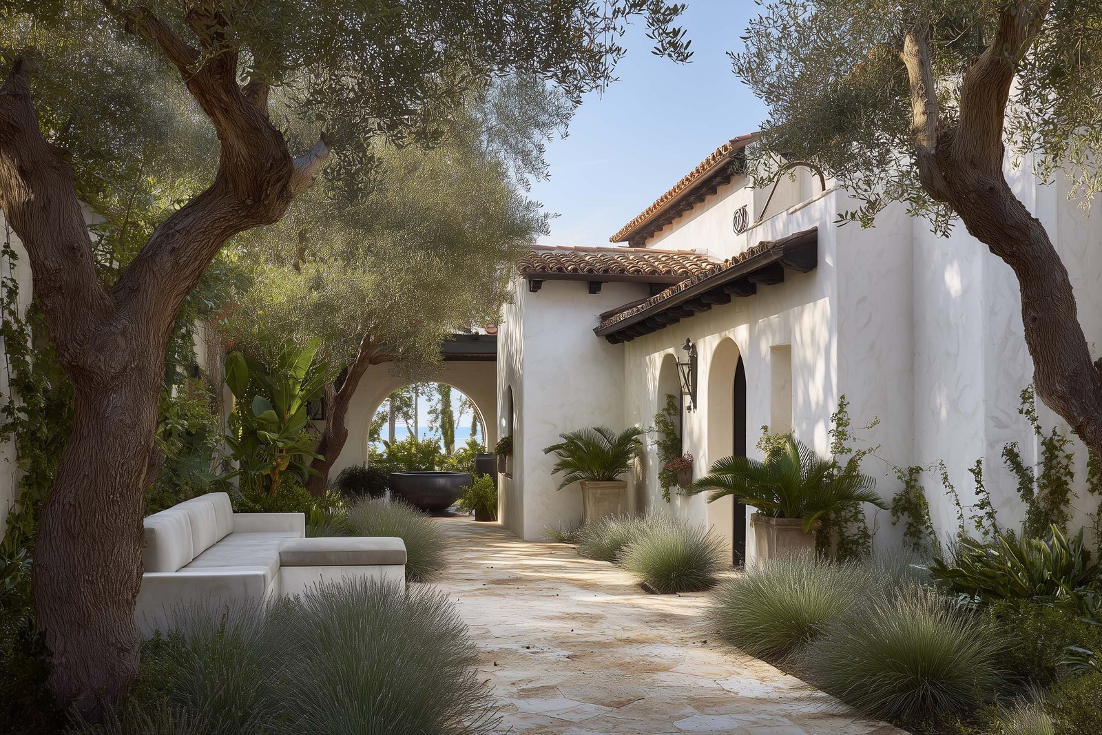 Santa Barbara–inspired hacienda botanical architecture with warm materials and shaded Californian transitions