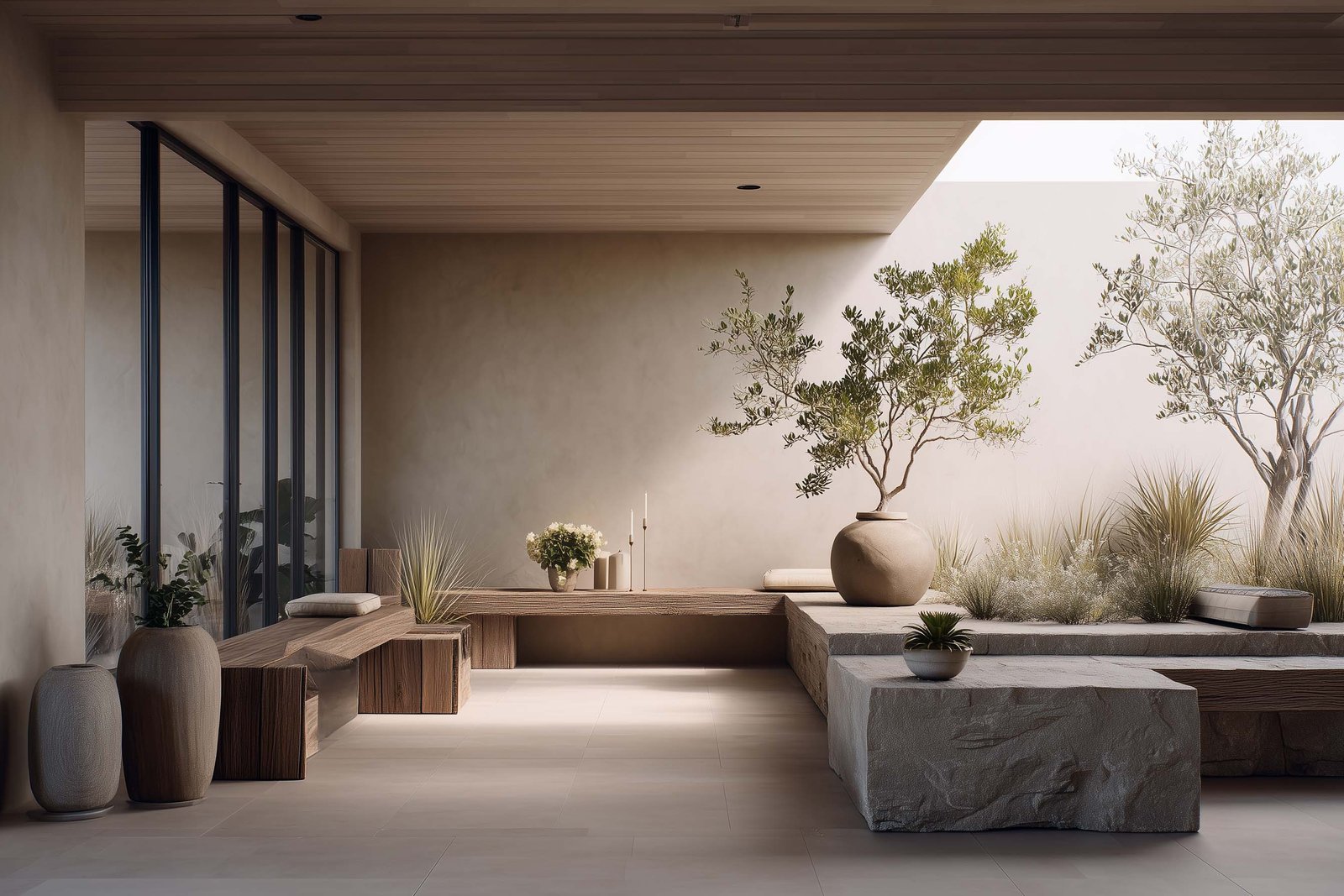 Wabi-sabi inspired botanical architecture emphasizing restraint, texture and contemplative balance in California