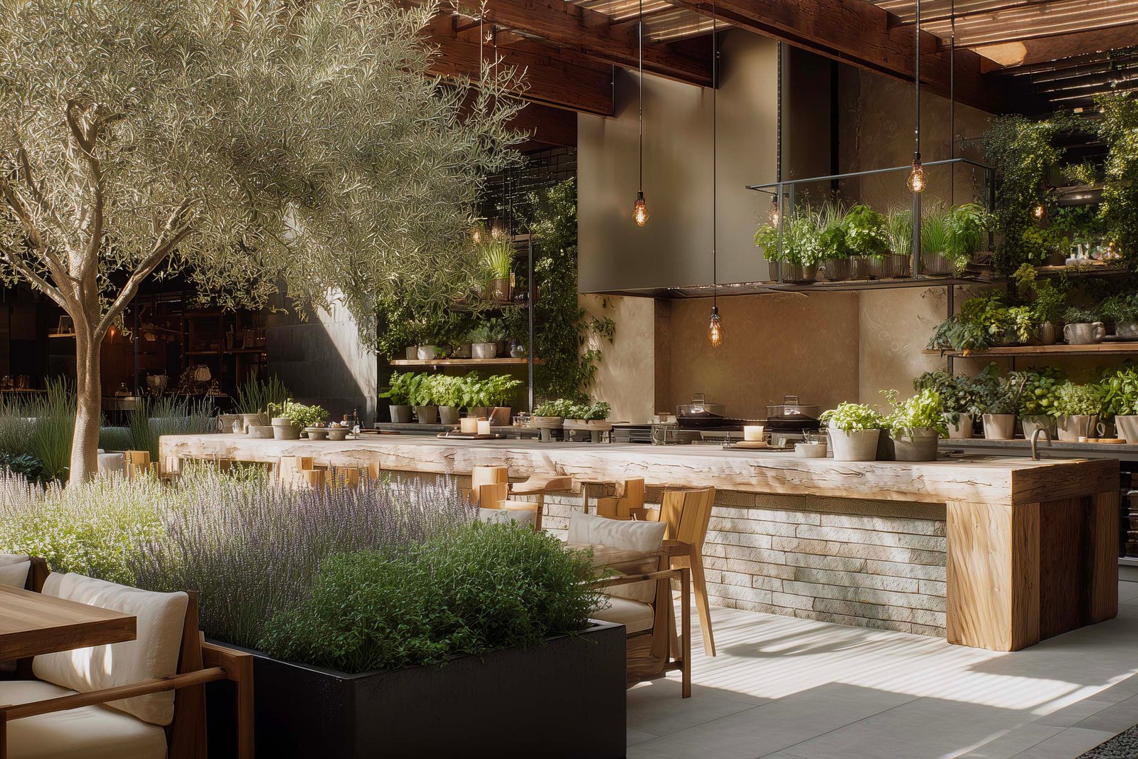 Chef’s pocket garden integrated into a restaurant for fresh herb selection and culinary rituals
