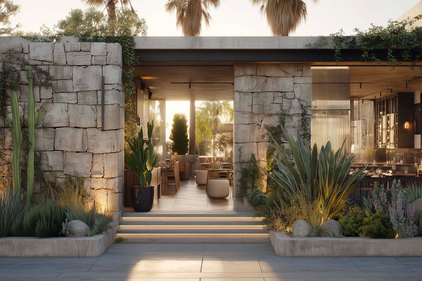 Seamless indoor–outdoor restaurant entrance in Los Angeles, where botanical architecture and natural materials guide guests into a refined dining experience.